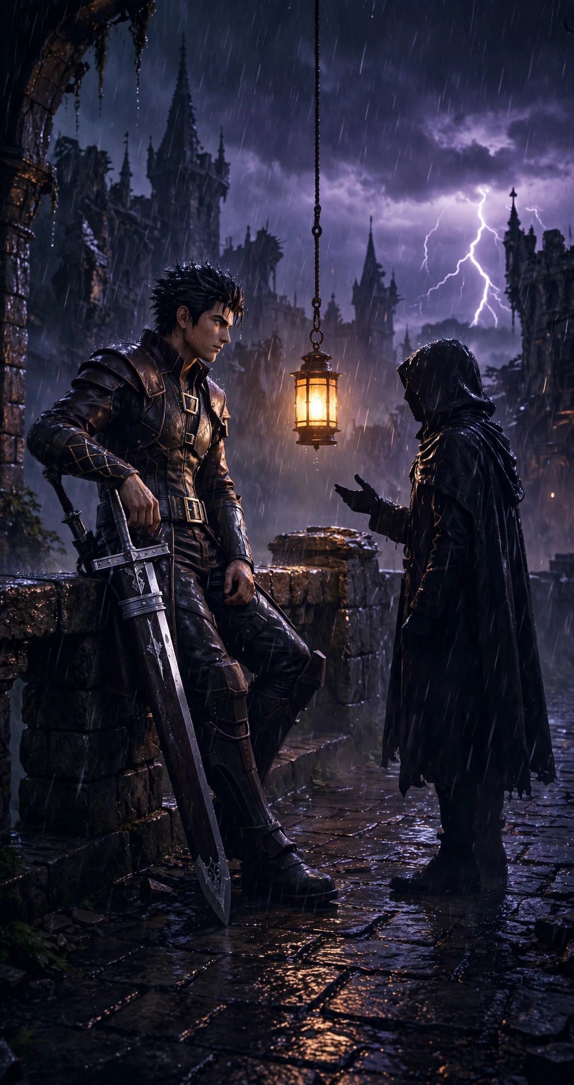 The Guardian leaning on his sheathed greatsword, listening intently to a silhouetted visitor on the rain-swept bridge at night, a single lantern glowing between them