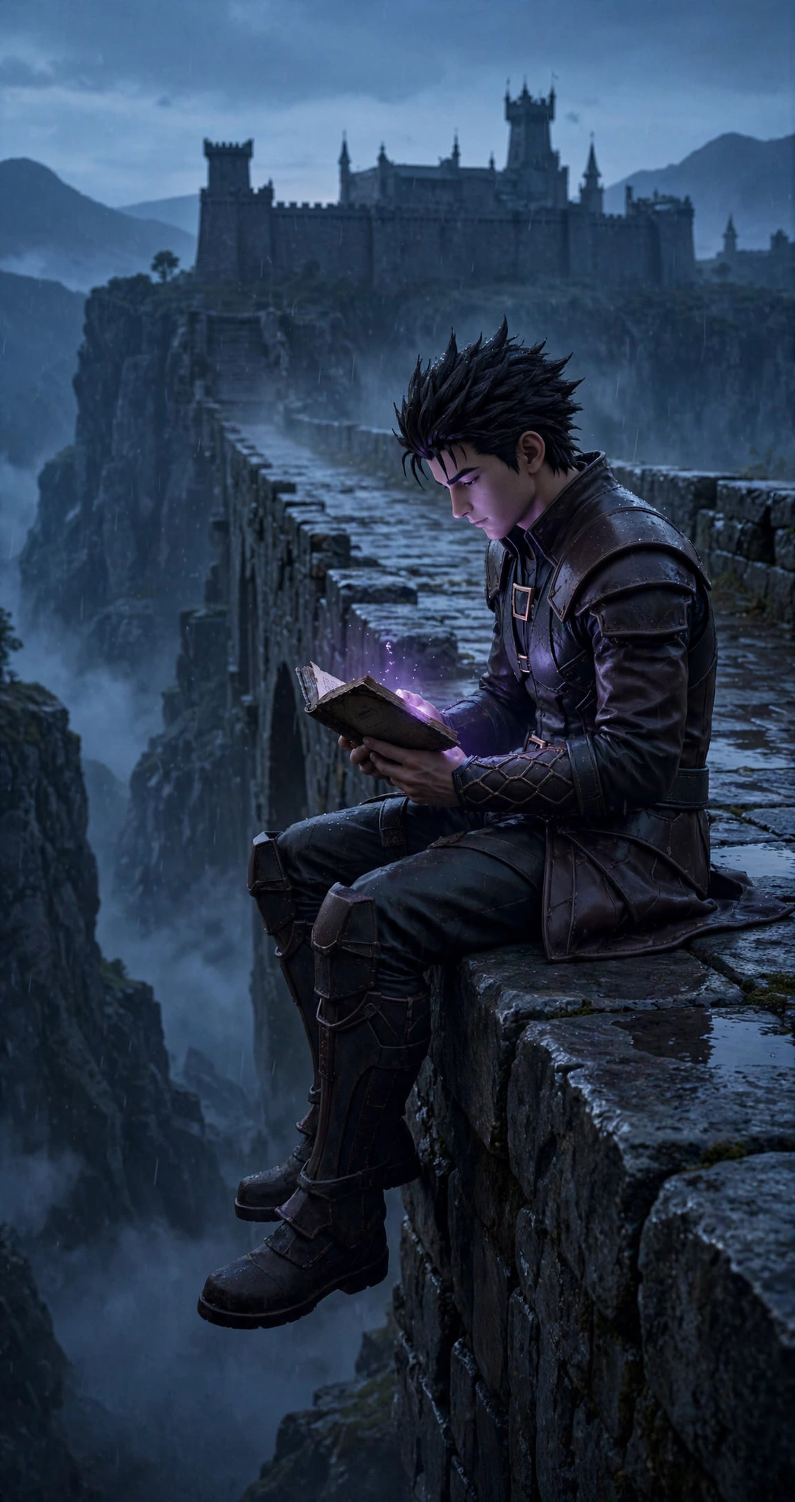 The lone swordsman sitting on the bridge's edge in the blue hour before dawn, reading a small weathered book by faint violet light
