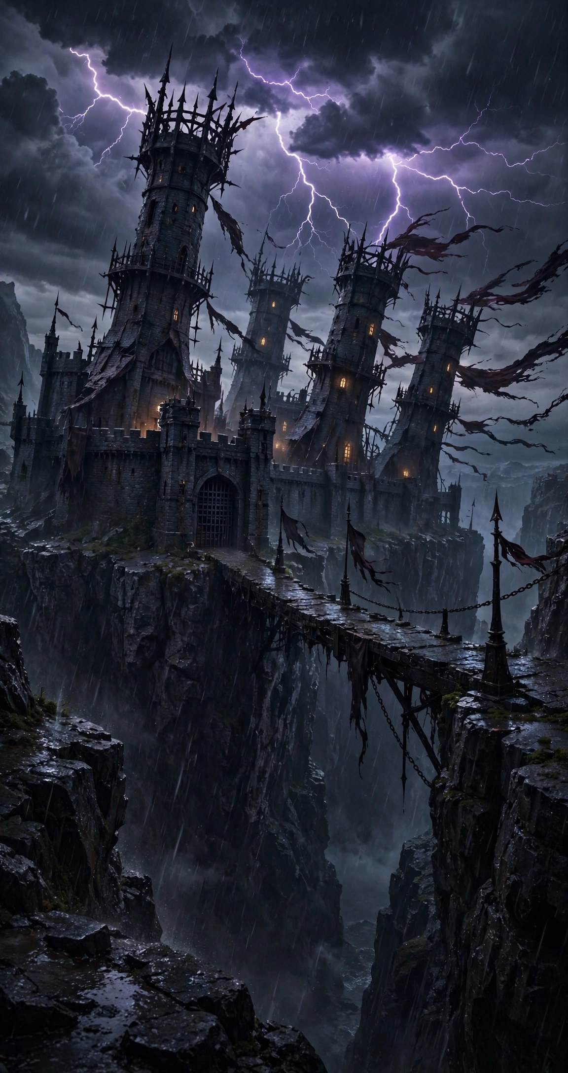Stormhold fortress of dark slate with four crooked towers above a deep gorge, a single narrow bridge to its gate, violet lightning over churning clouds