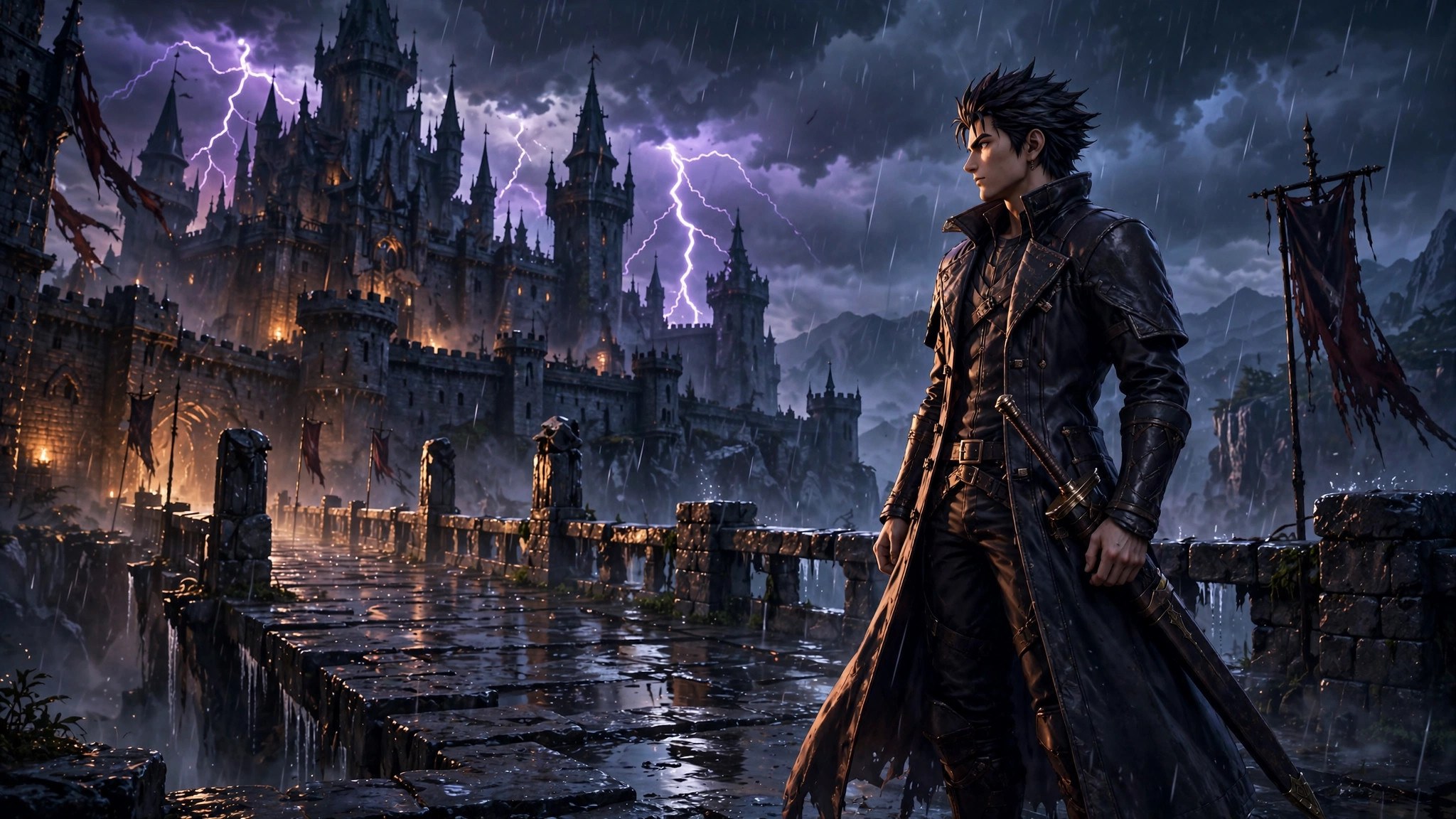 The Dark Fantasy Fighter on the rain-slicked bridge, storm fortress and violet lightning behind him — the stream's character banner