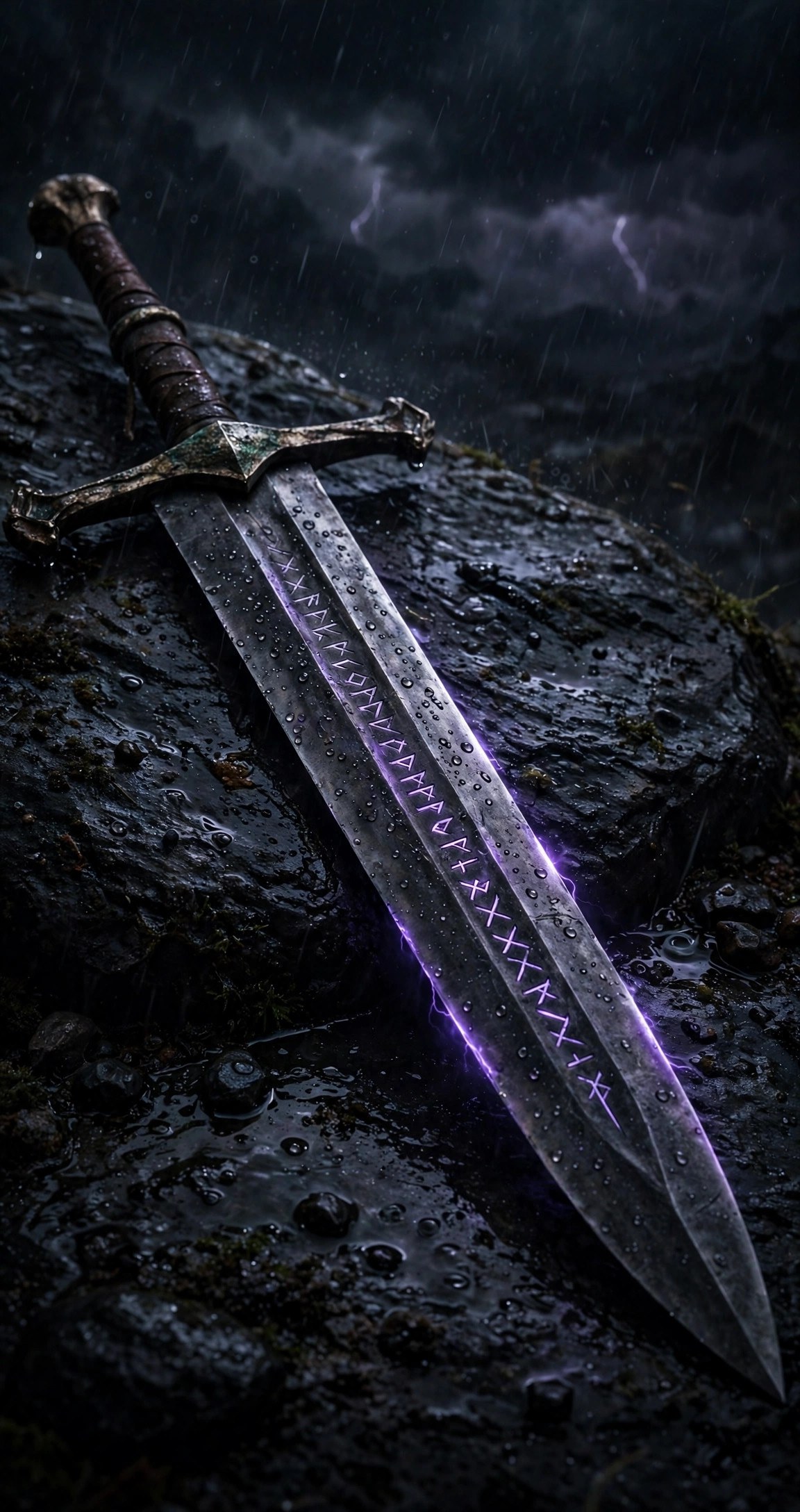 The greatsword Answer lying across rain-wet dark stone, a line of etched script down the blade, violet light along its edge