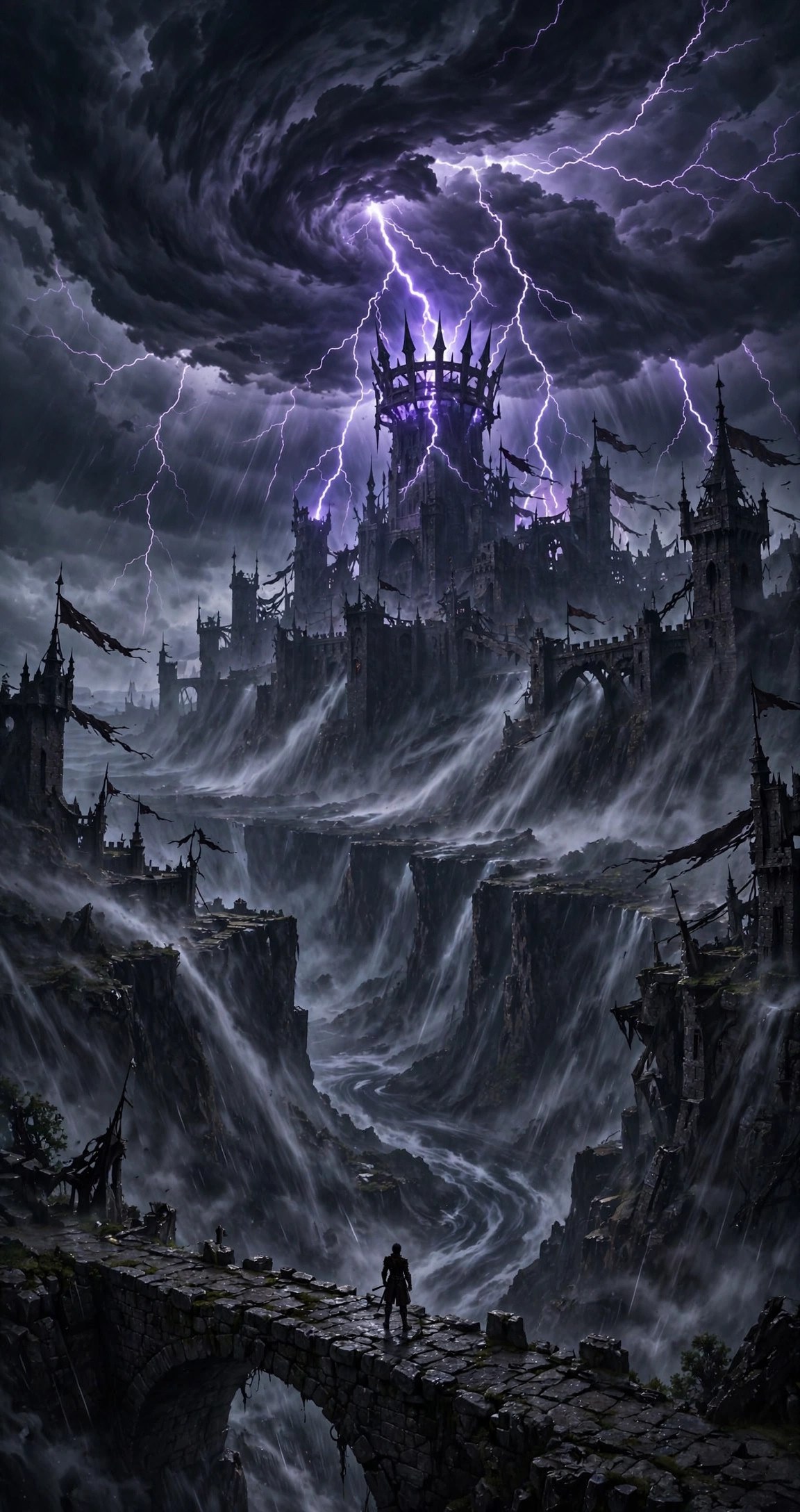 Colossal violet-lit storm clouds over the dark fortress, lightning striking the iron-crowned tower, a tiny swordsman watching from the bridge