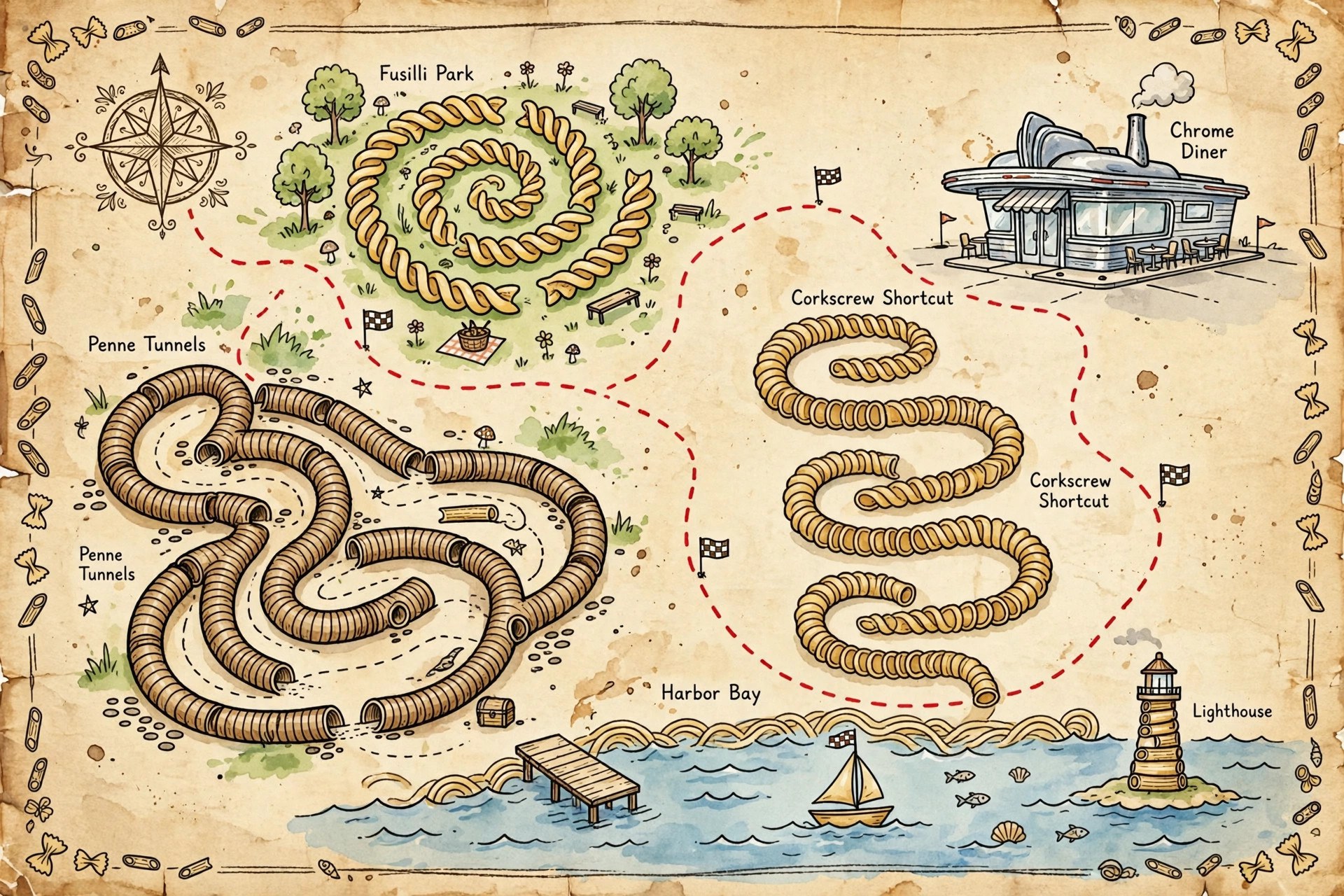 Stylized illustrated delivery-route map of Al Dente