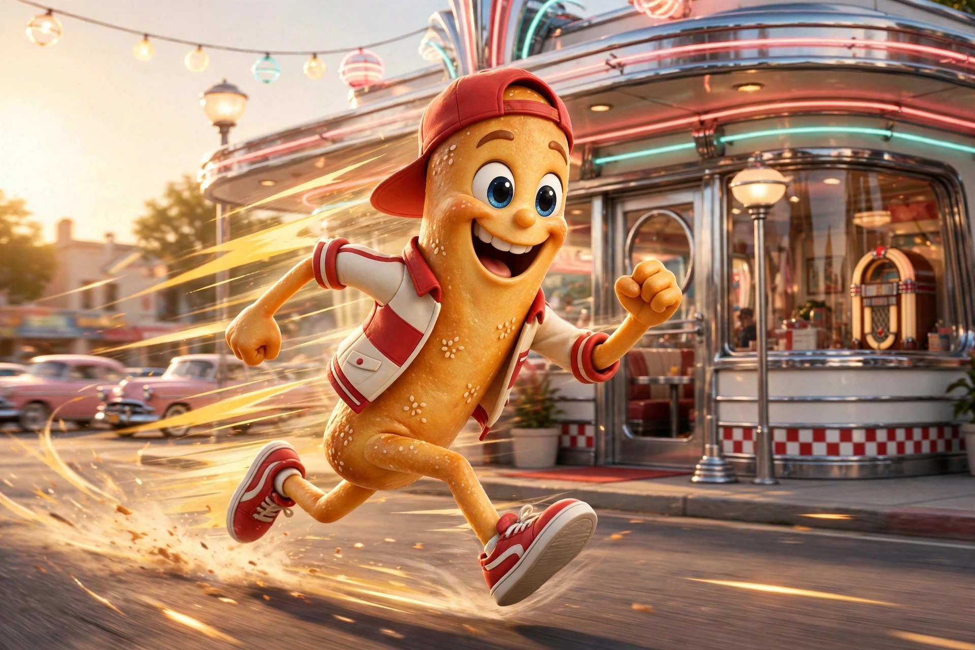 Dash the breadstick delivery runner sprinting past a retro chrome diner, motion lines trailing