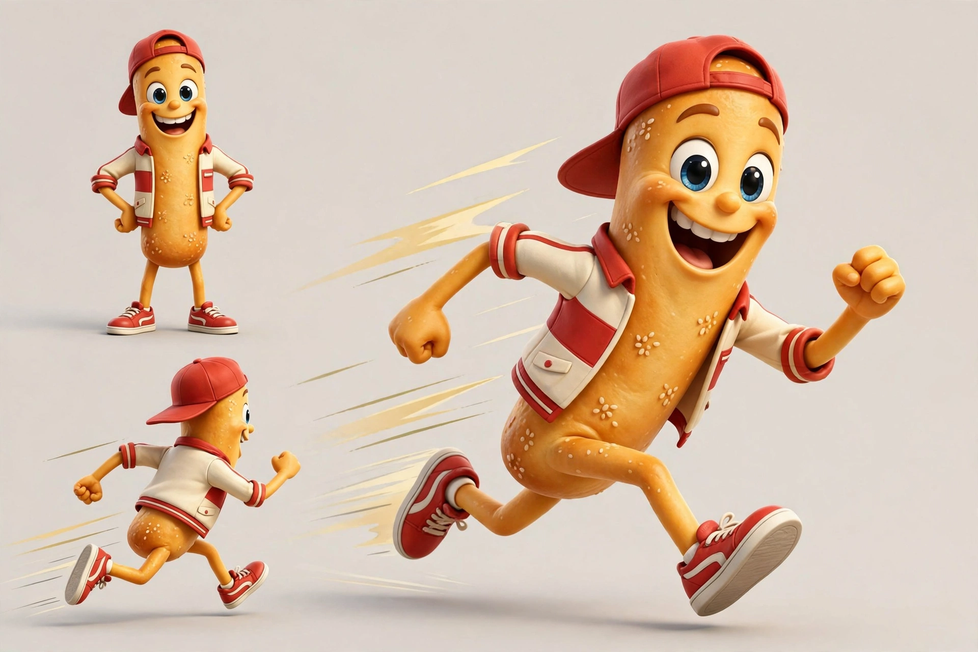 Full-body character reference of Dash: a golden breadstick in a red delivery cap and retro courier jacket