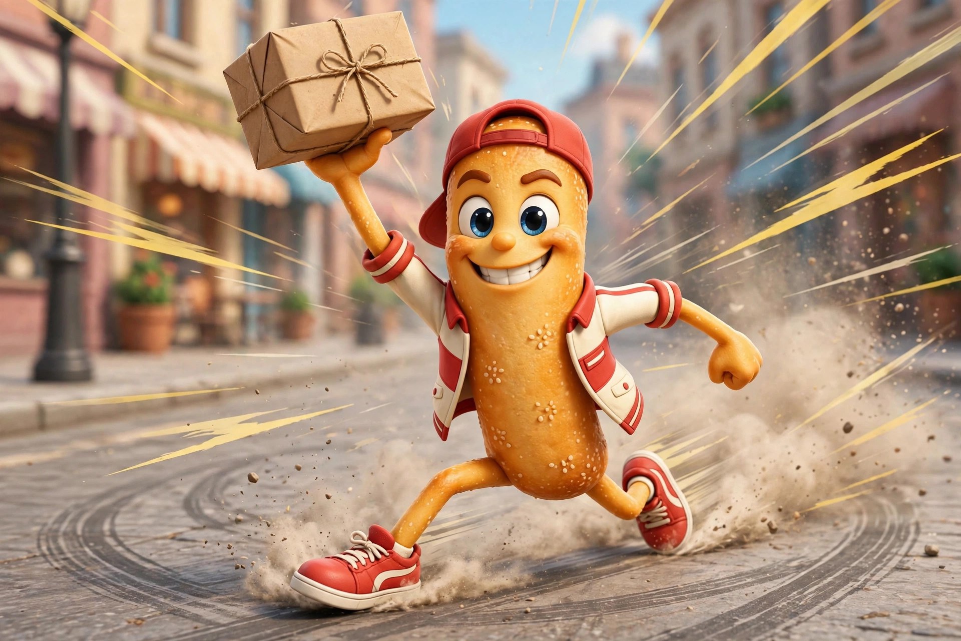 Dash skidding to a stop with a confident grin, package held high, speed lines everywhere