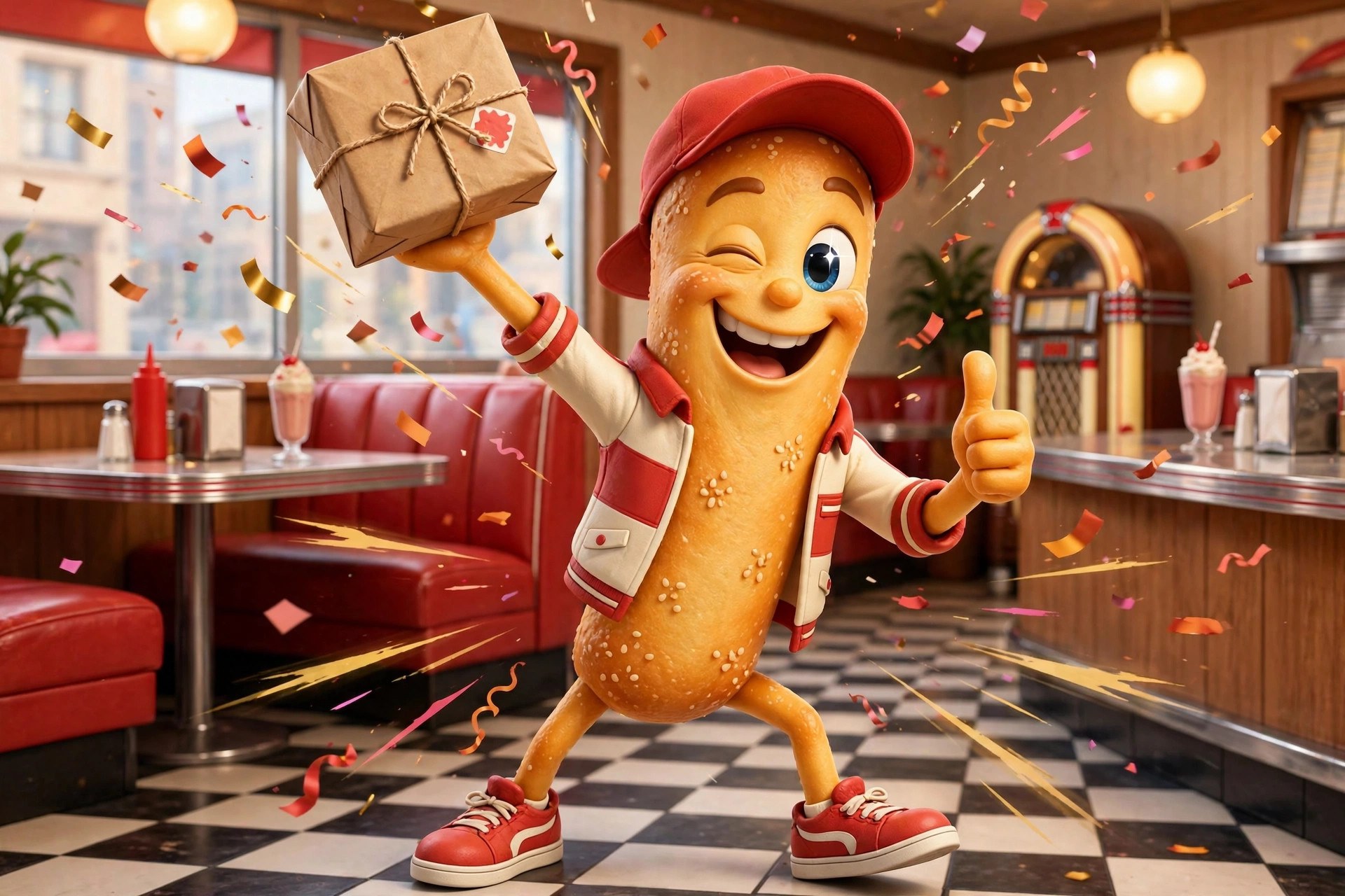 Dash winking and holding up a delivered package