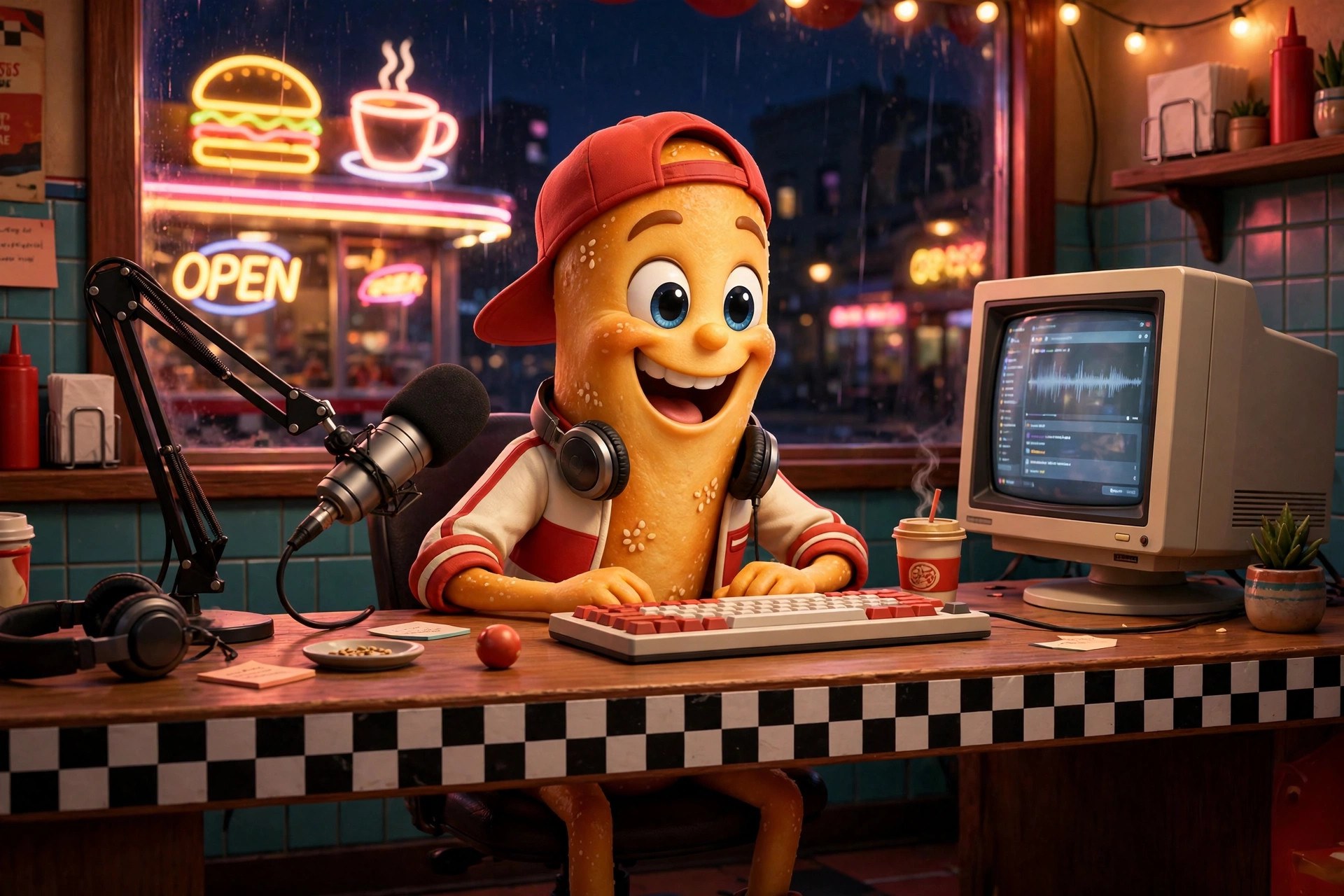 Dash at a checkered-flag streaming desk, diner neon behind