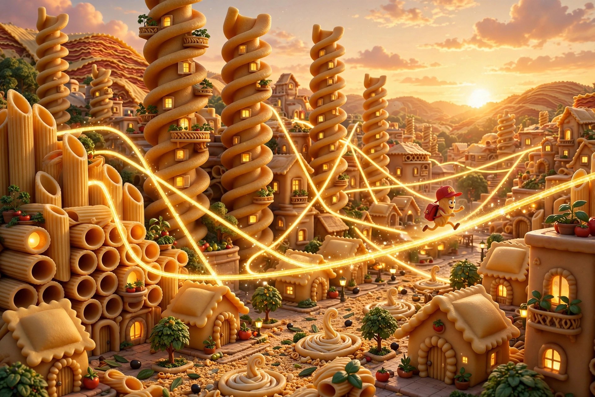 The cartoon pasta city of Al Dente at golden hour, delivery routes traced in light