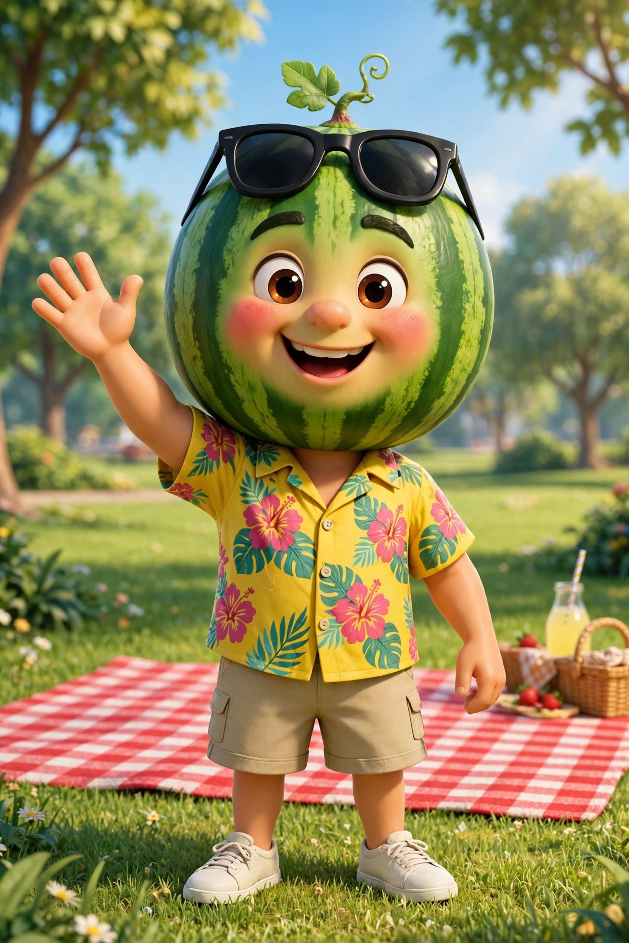 Dax Rind, a cheerful watermelon-headed cartoon man in a yellow Hawaiian shirt, waving in a sunny park