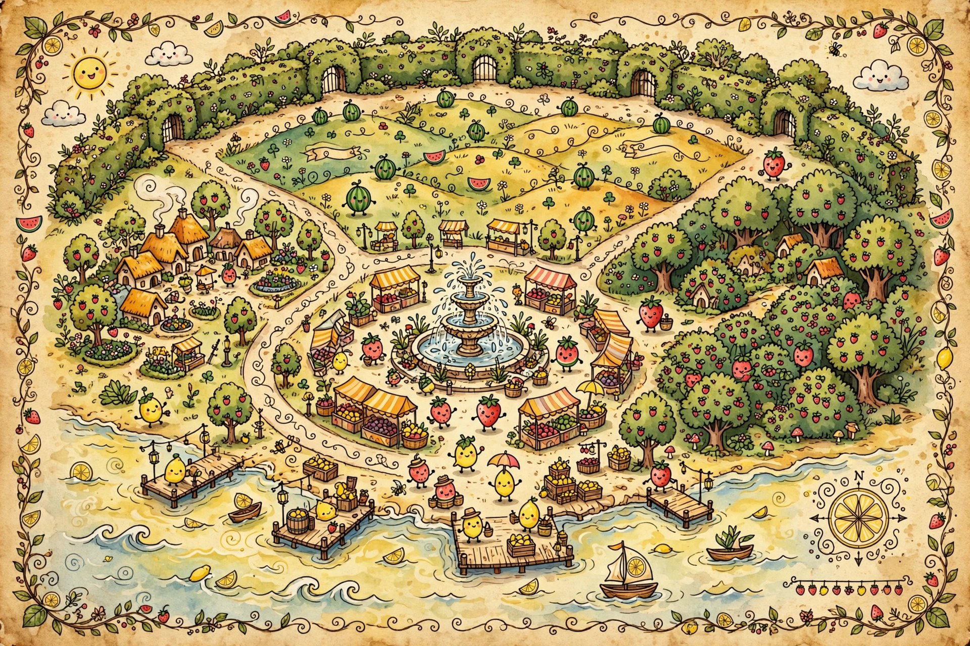 Illustrated storybook map of Fruitopia