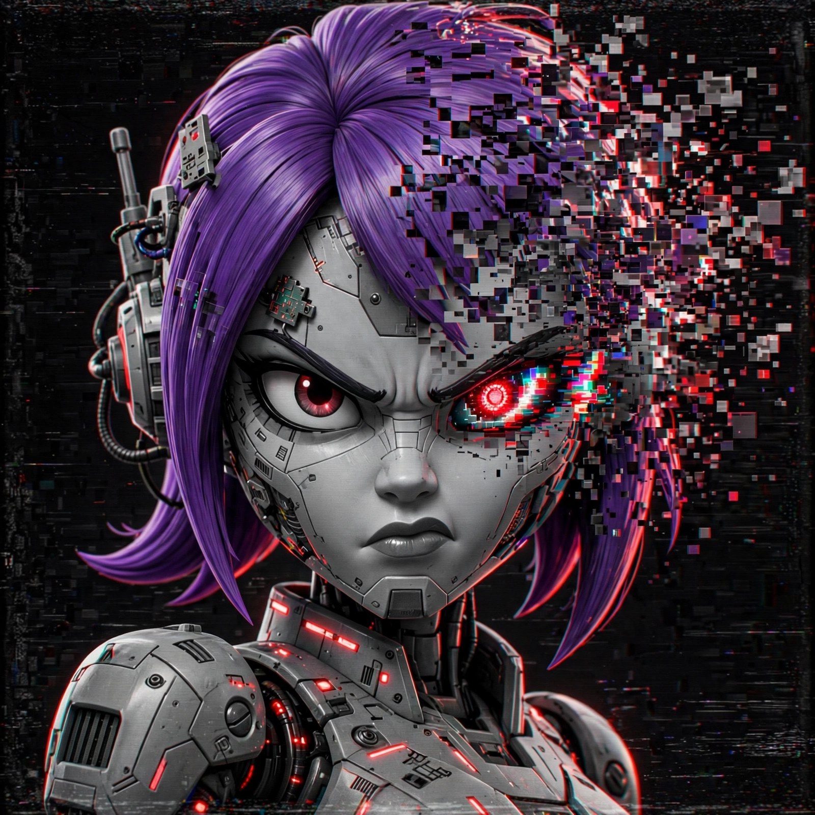 AI-generated glitch portrait of the fictional Vizlings character DeletIvy Assistant