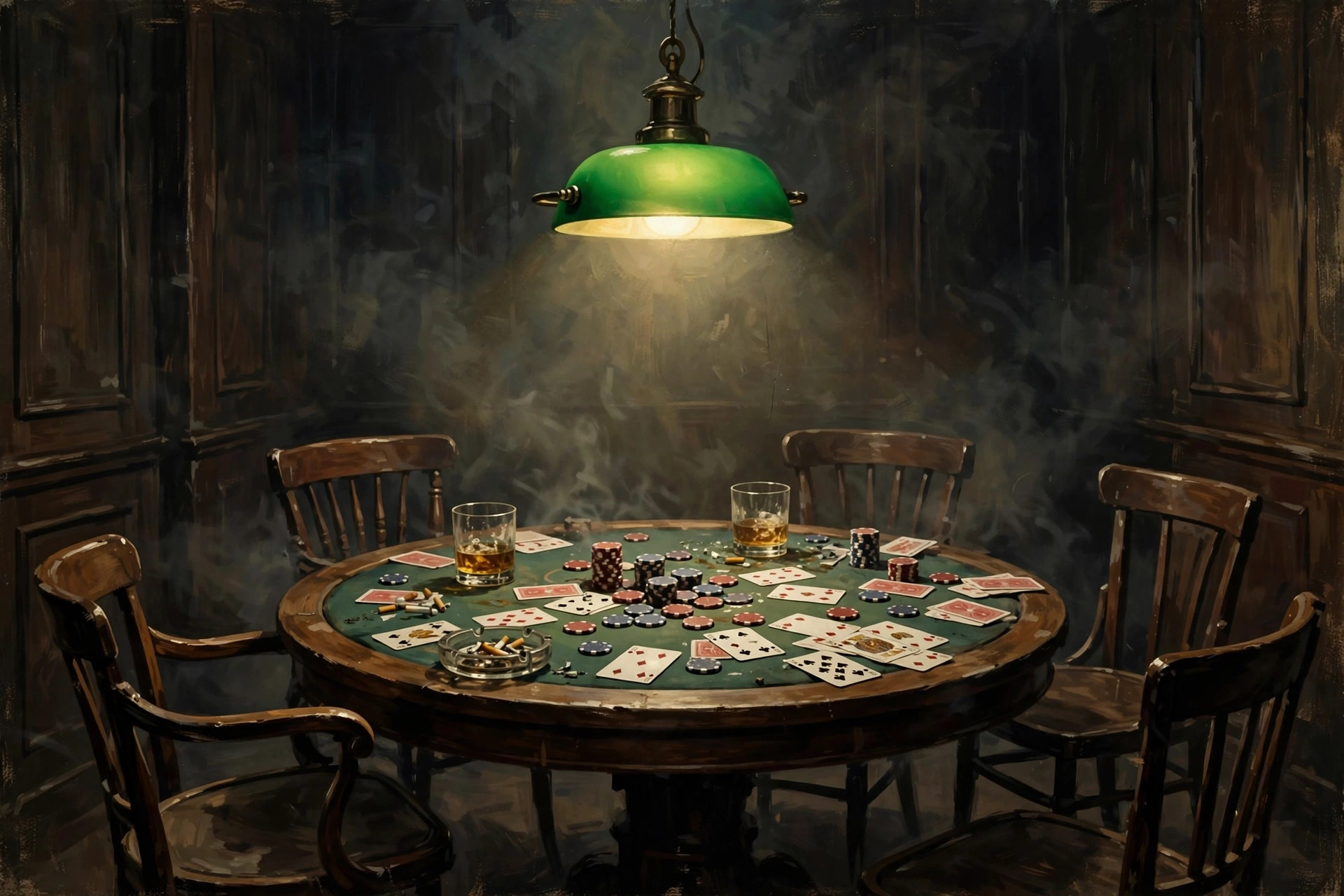 AI-generated round poker table in a smoky back room, empty chairs