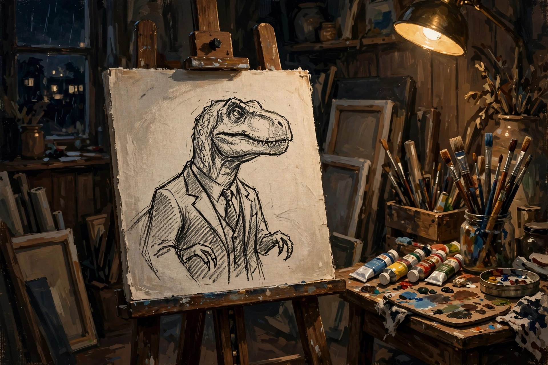 AI-generated artist's easel with a half-finished charcoal sketch of a dinosaur in a suit