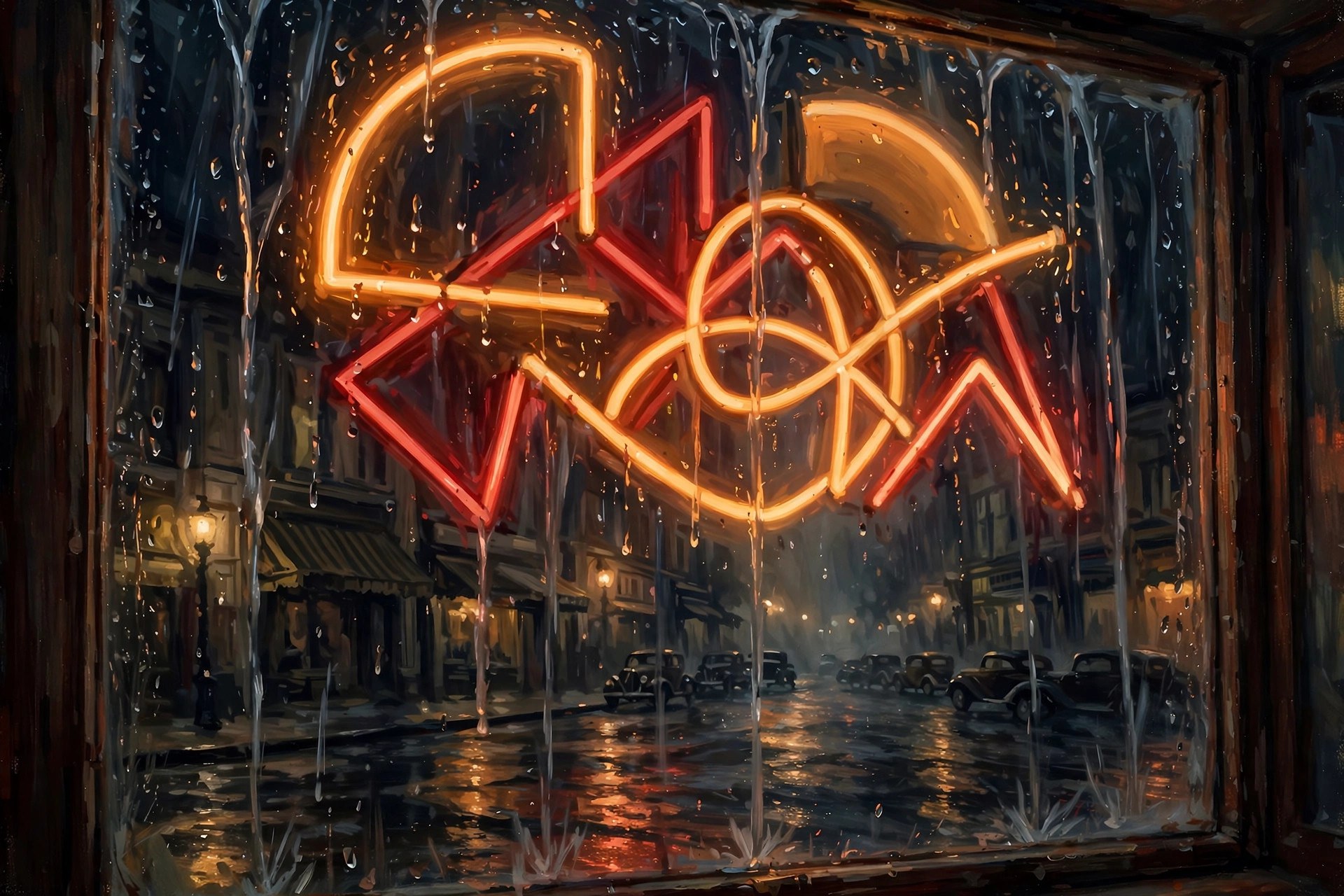AI-generated neon sign glowing in a rain-streaked window at night