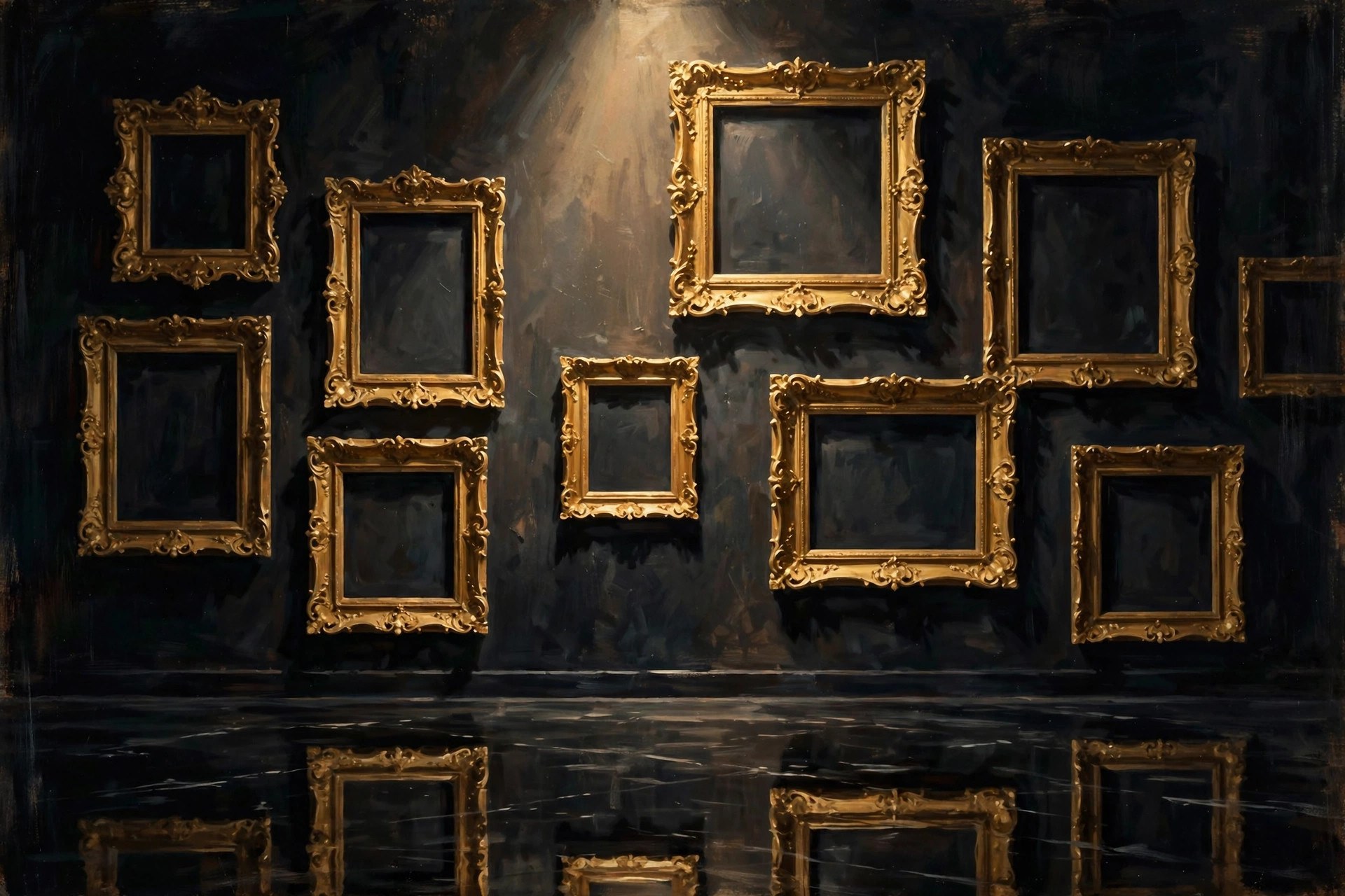 AI-generated dark gallery wall with ornate empty gold picture frames