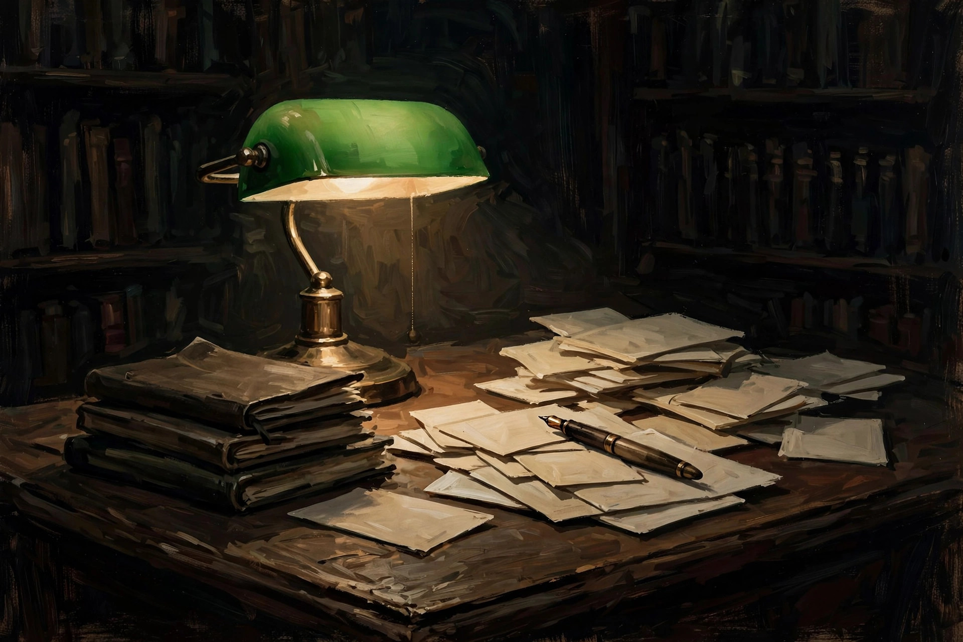 AI-generated green banker's lamp on a desk piled with notebooks