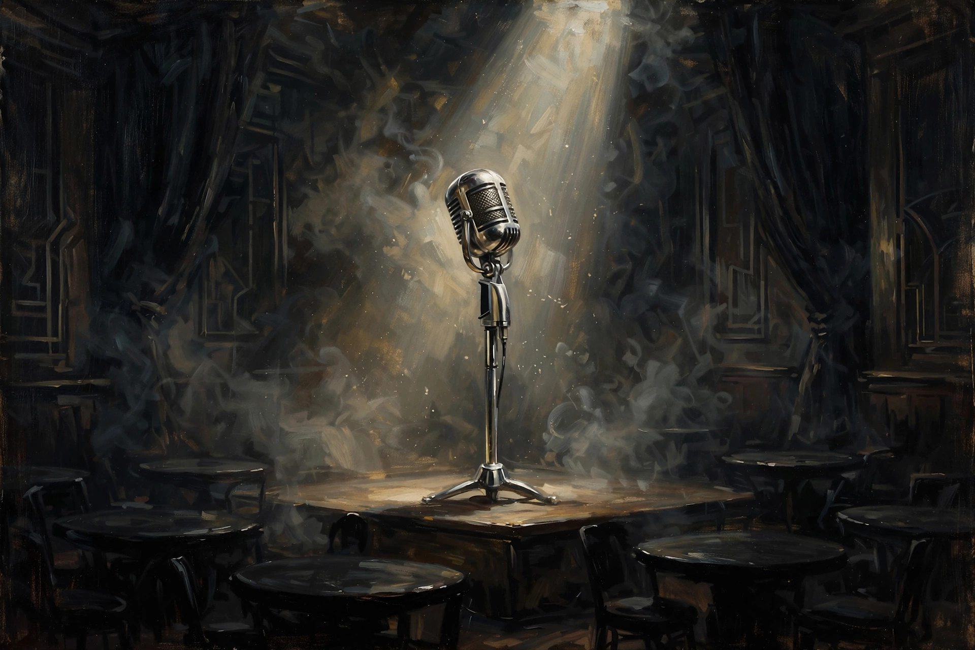 AI-generated vintage 1930s microphone on a smoky jazz-club stage
