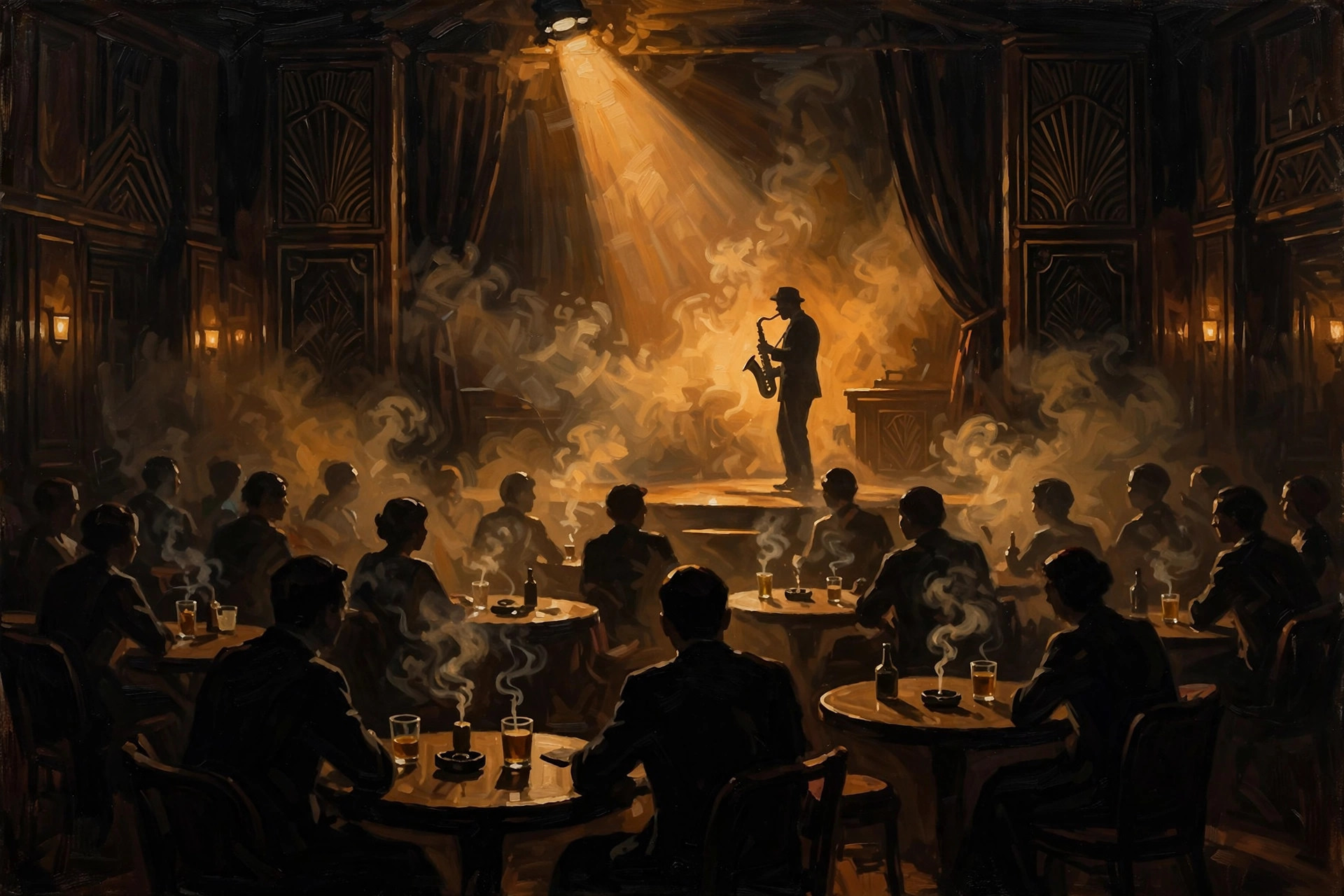 AI-generated 1930s jazz club with a silhouetted crowd and stage spotlight