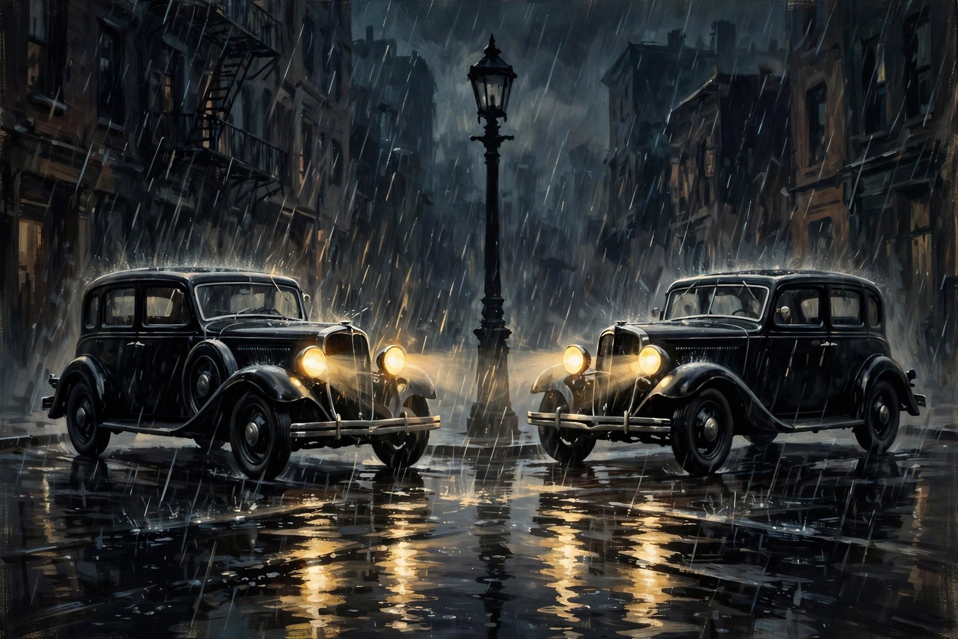 AI-generated rainy 1930s street at night with two vintage cars facing off