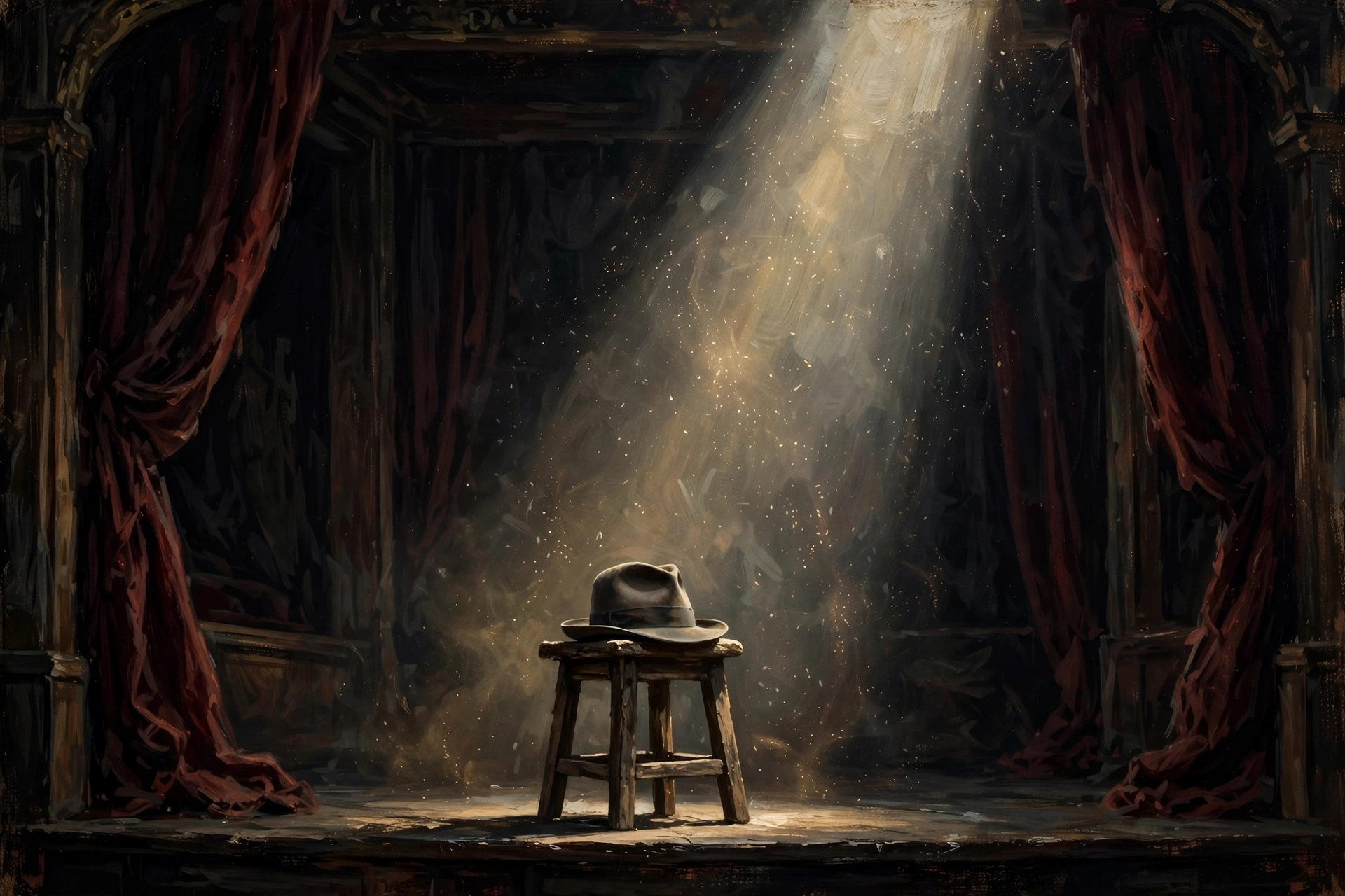 AI-generated empty 1930s stage with a single spotlight and a fedora on a stool
