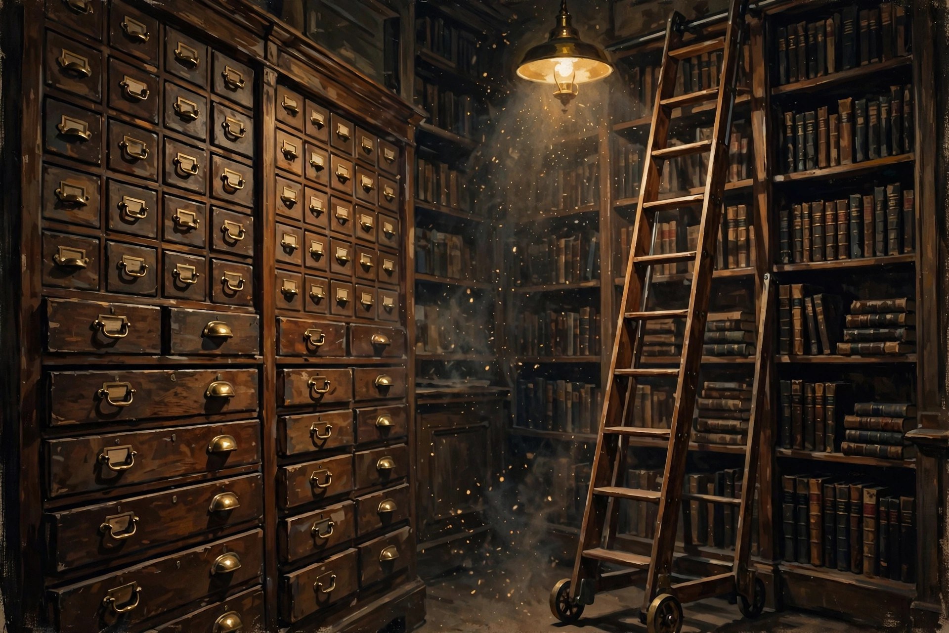 AI-generated vintage card-catalog archive drawers in lamplight