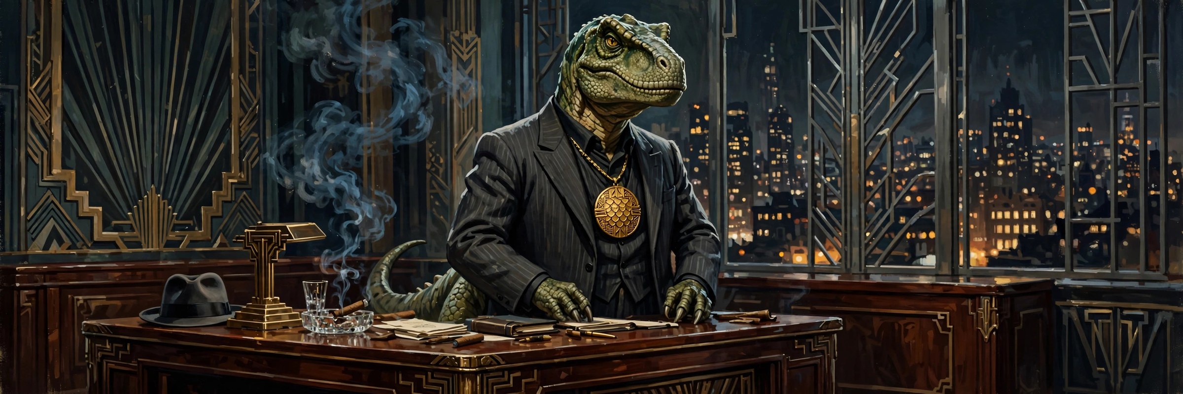 AI-generated wide banner: the dino mob boss behind a grand mahogany desk in an art-deco office