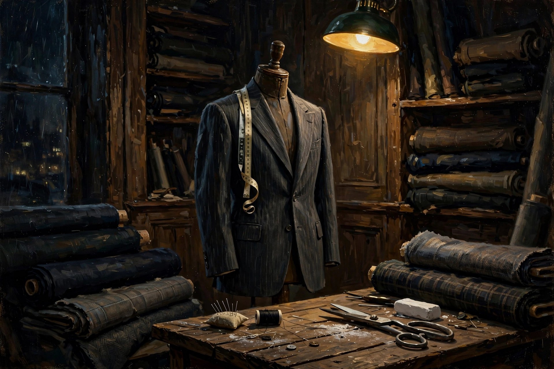 AI-generated tailor's workshop with a pinstripe suit on a dress form