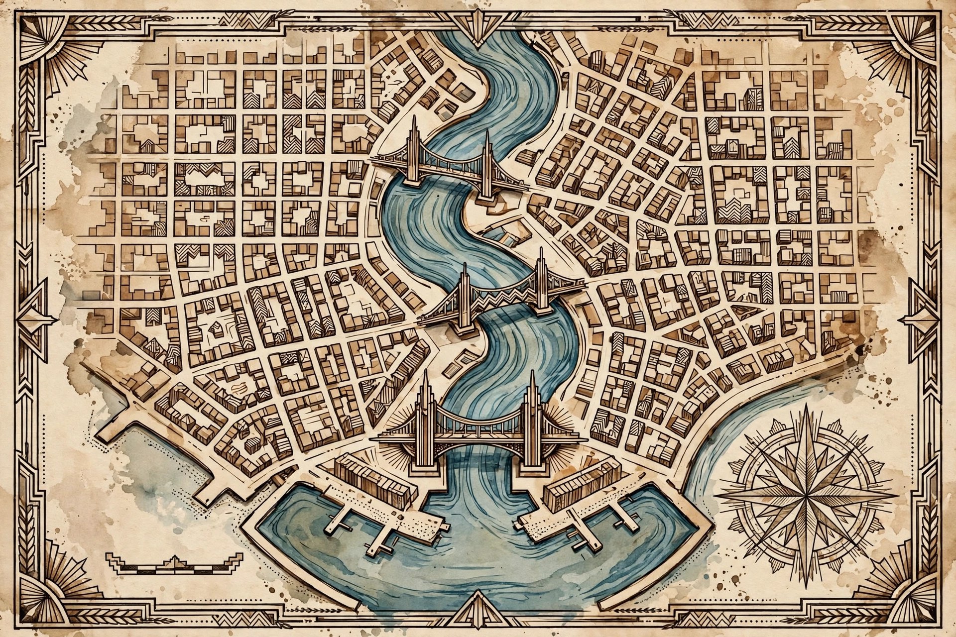AI-generated stylized vintage city map in art-deco cartography style
