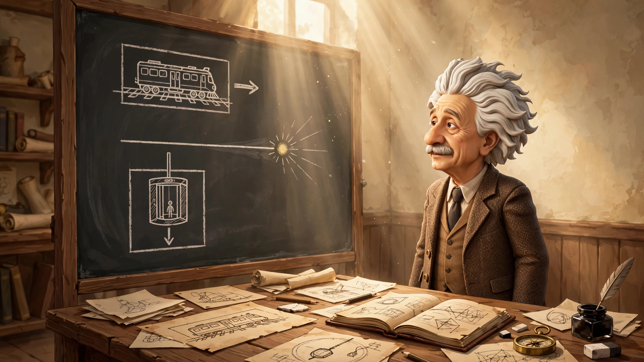 AI-generated illustration of the stream's animated Einstein character in the Vizlings character style, at a desk with thought-experiment sketches