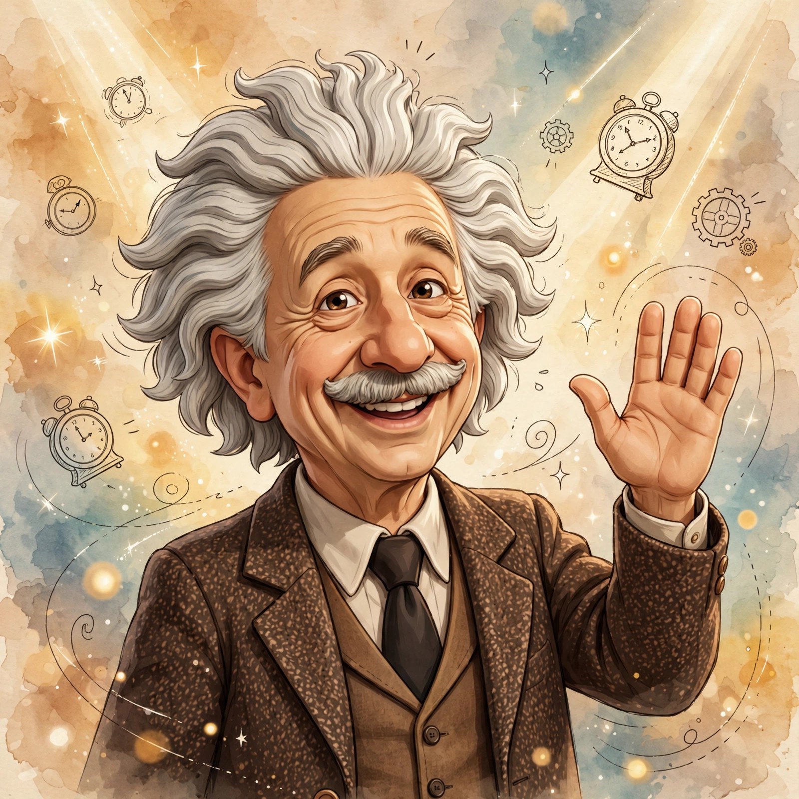 AI-generated portrait of the animated Einstein character waving hello, in the Vizlings character style