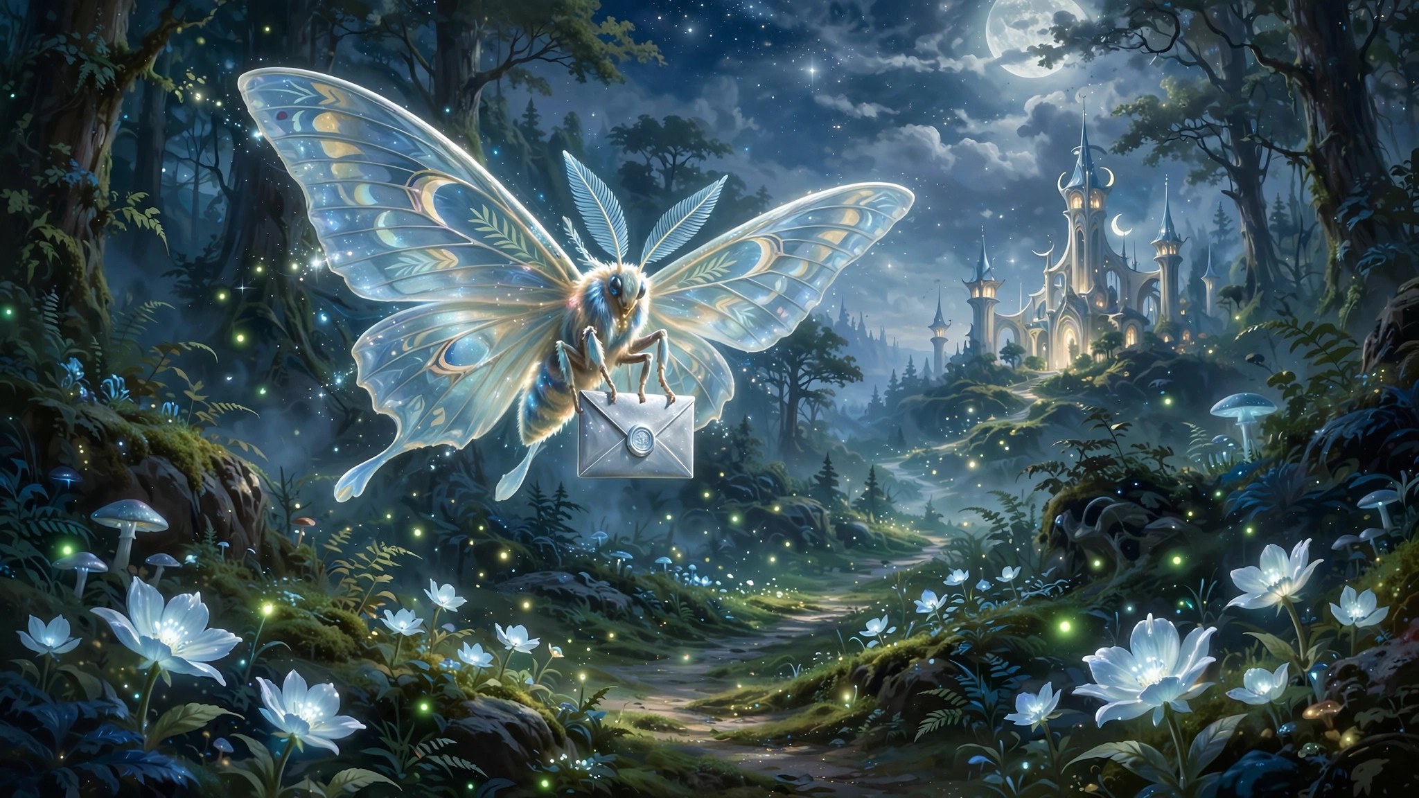 A silver acceptance letter carried by a moonmoth along a moonlit path