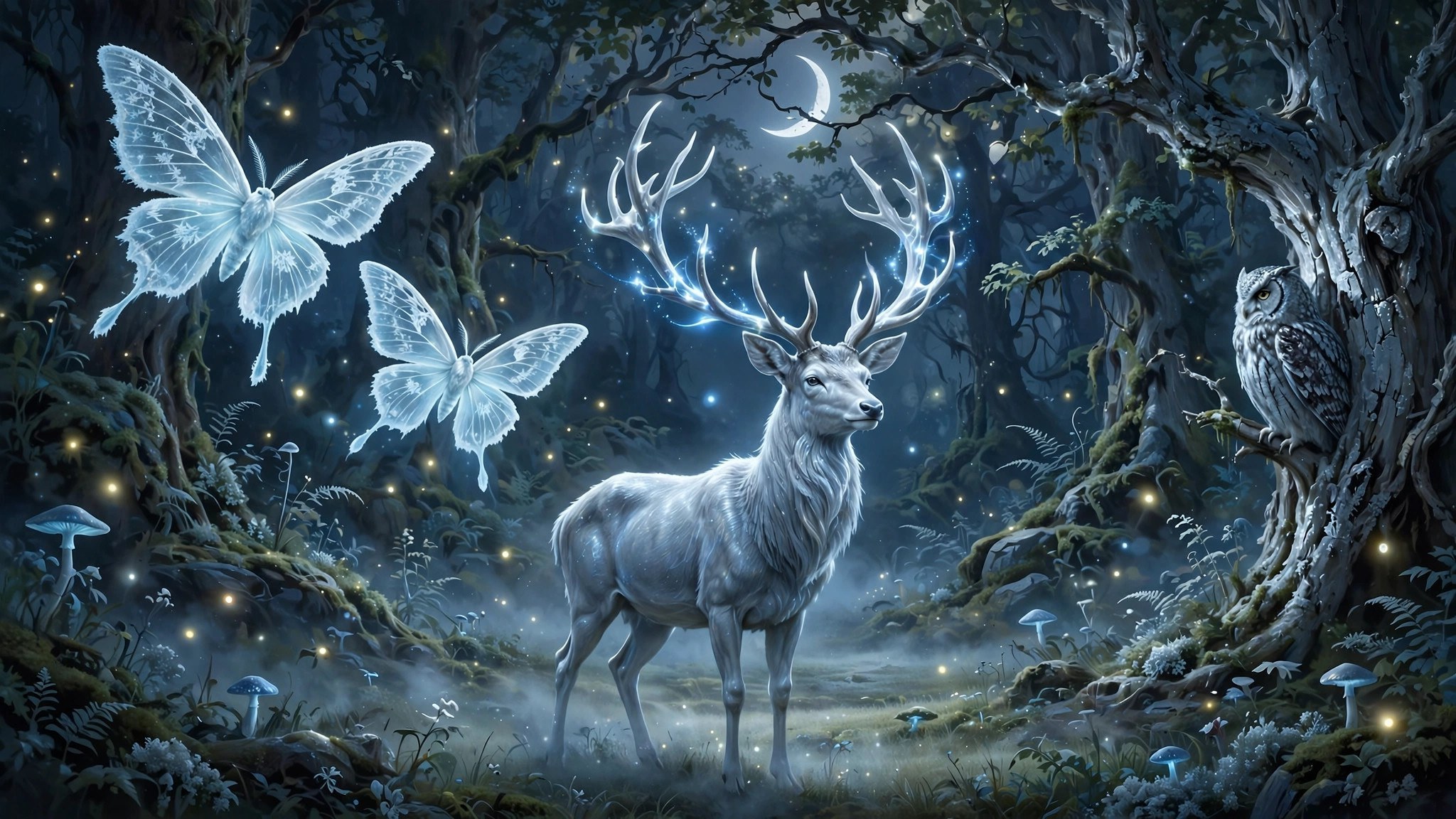 Magical creatures of the school wood: a moonmoth, a silver stag, and glow-wisps