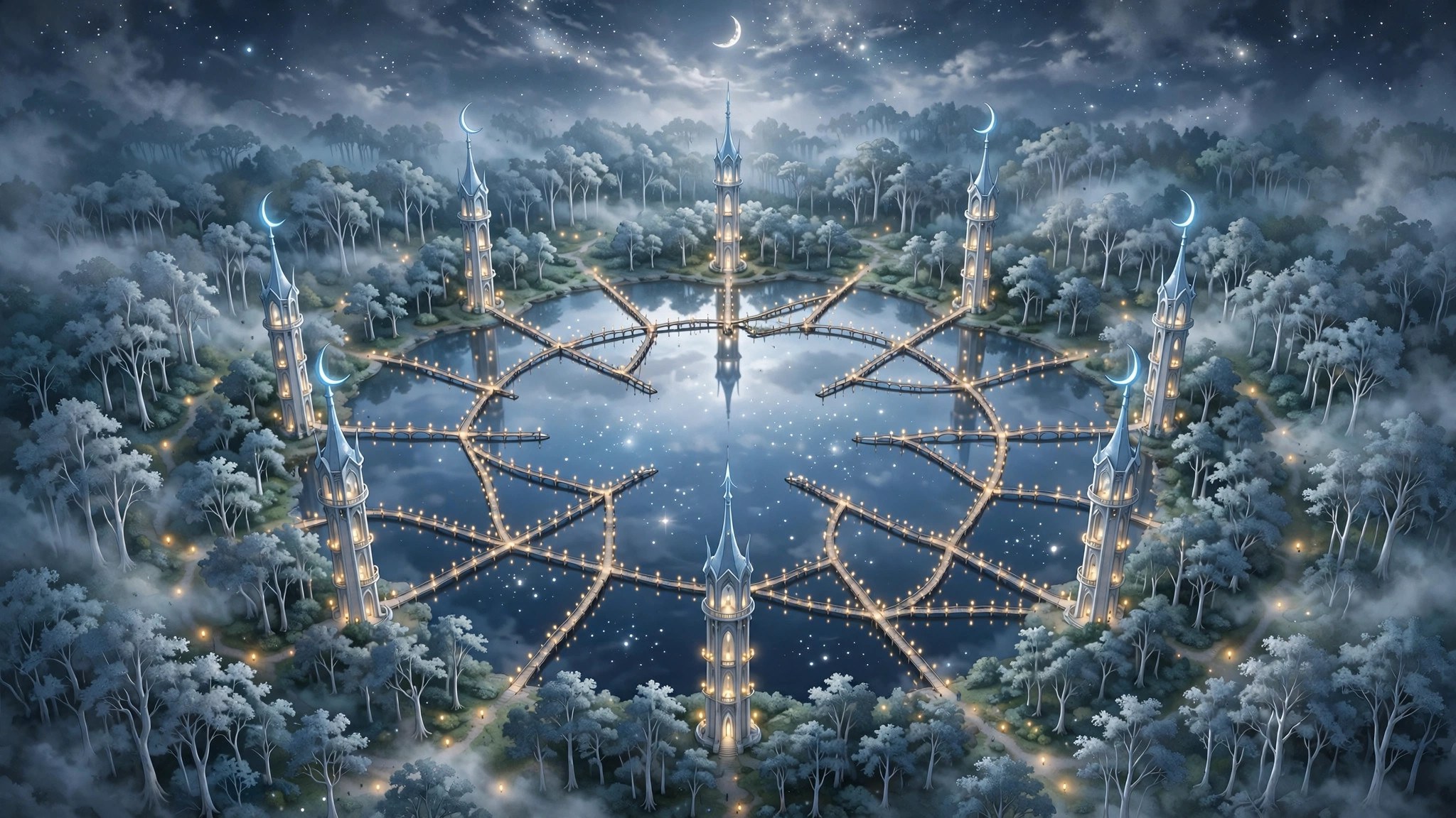 Aerial night view of the school grounds: towers, bridges, a lake, and the deep wood beyond
