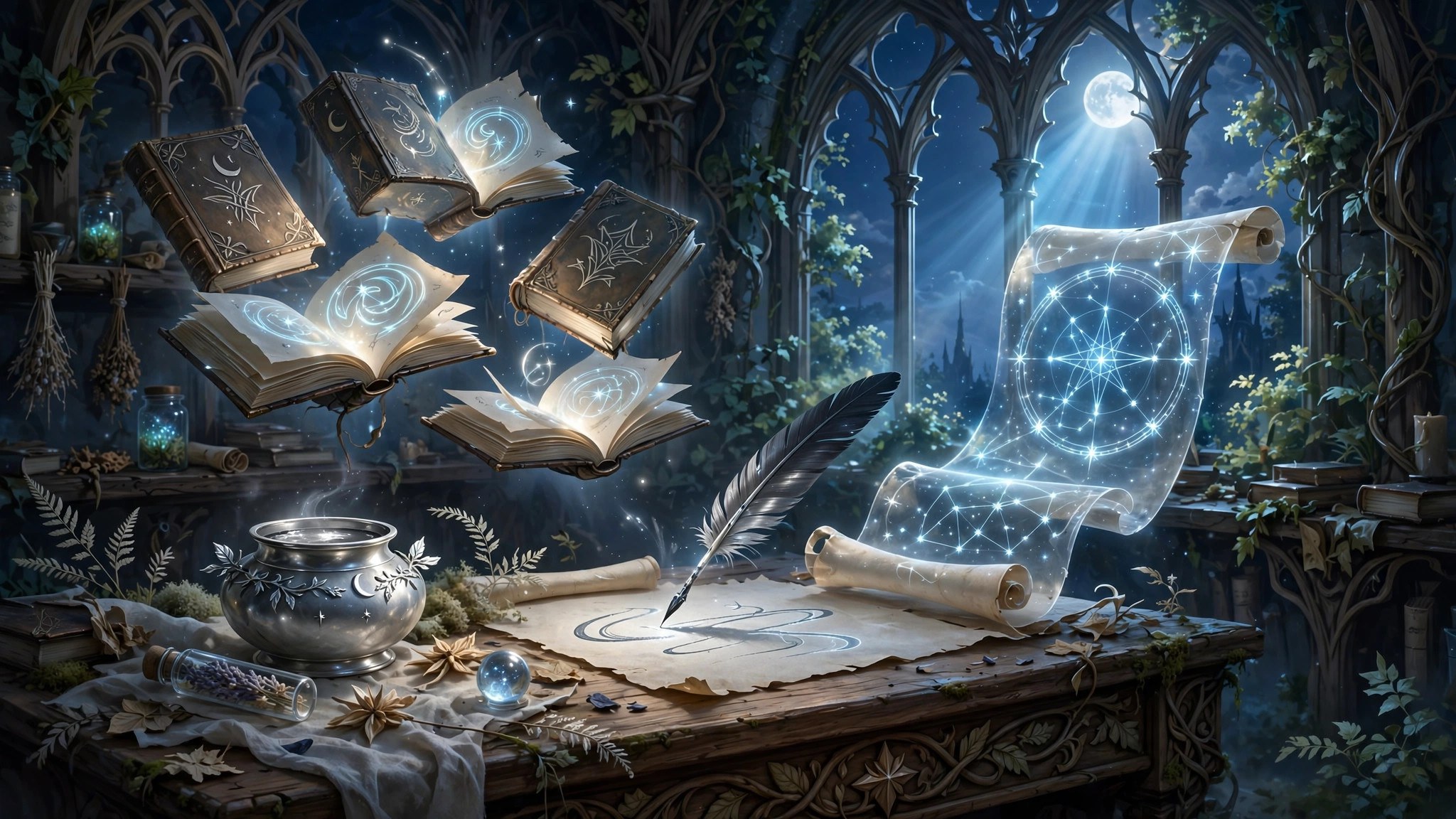 Floating spellbooks and star charts above a student's desk at night