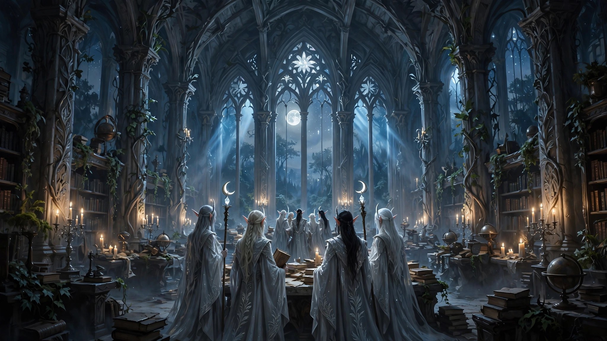 Elven faculty in moon-silver robes gathered in the staff hall