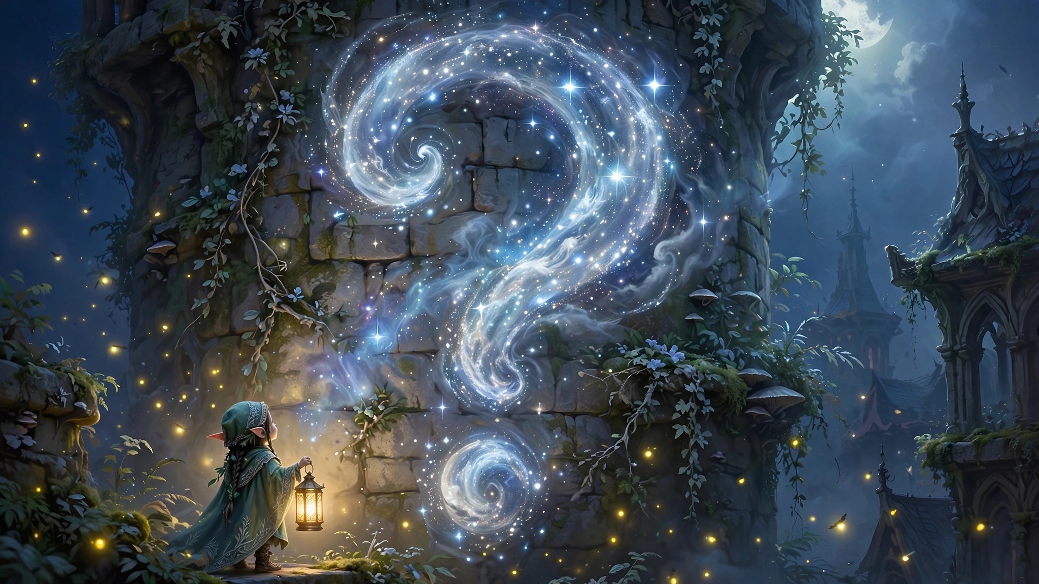 A question written in light on a moonlit tower wall