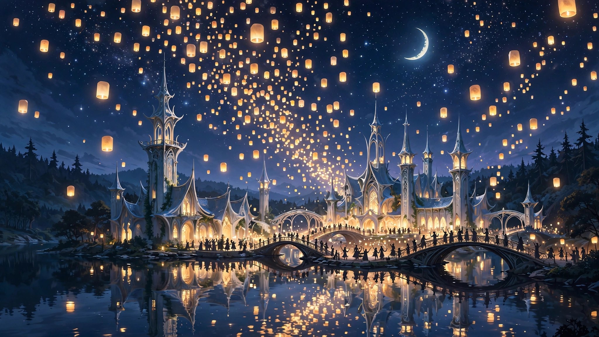 The lantern festival: paper lanterns rising over the school on a moonlit night