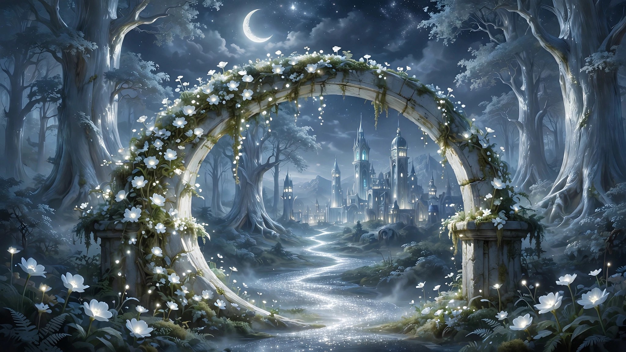 The moon gate: a crescent arch of pale stone and moonflowers marking the school's entrance