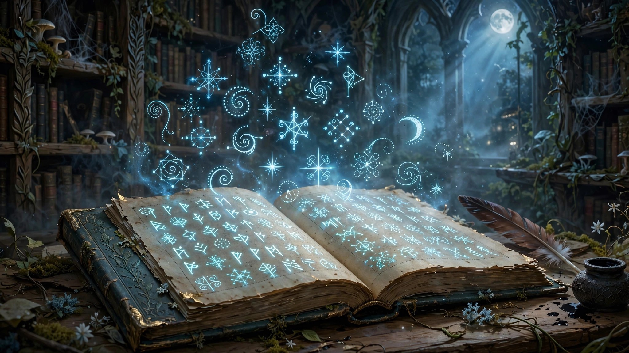 A glossary page of glowing elven runes
