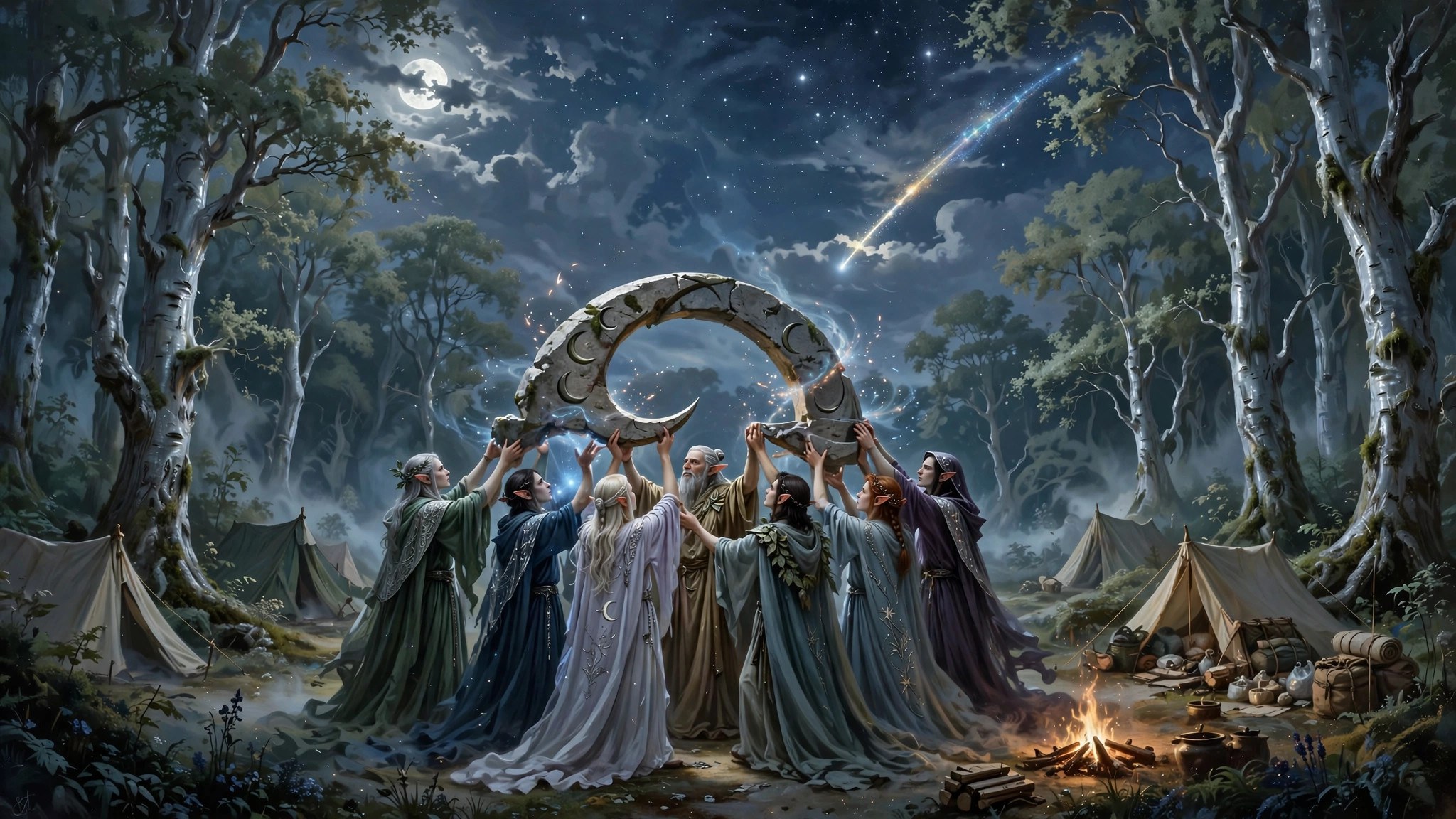 The founding of the school: the first teachers raising the moon gate beneath a falling star