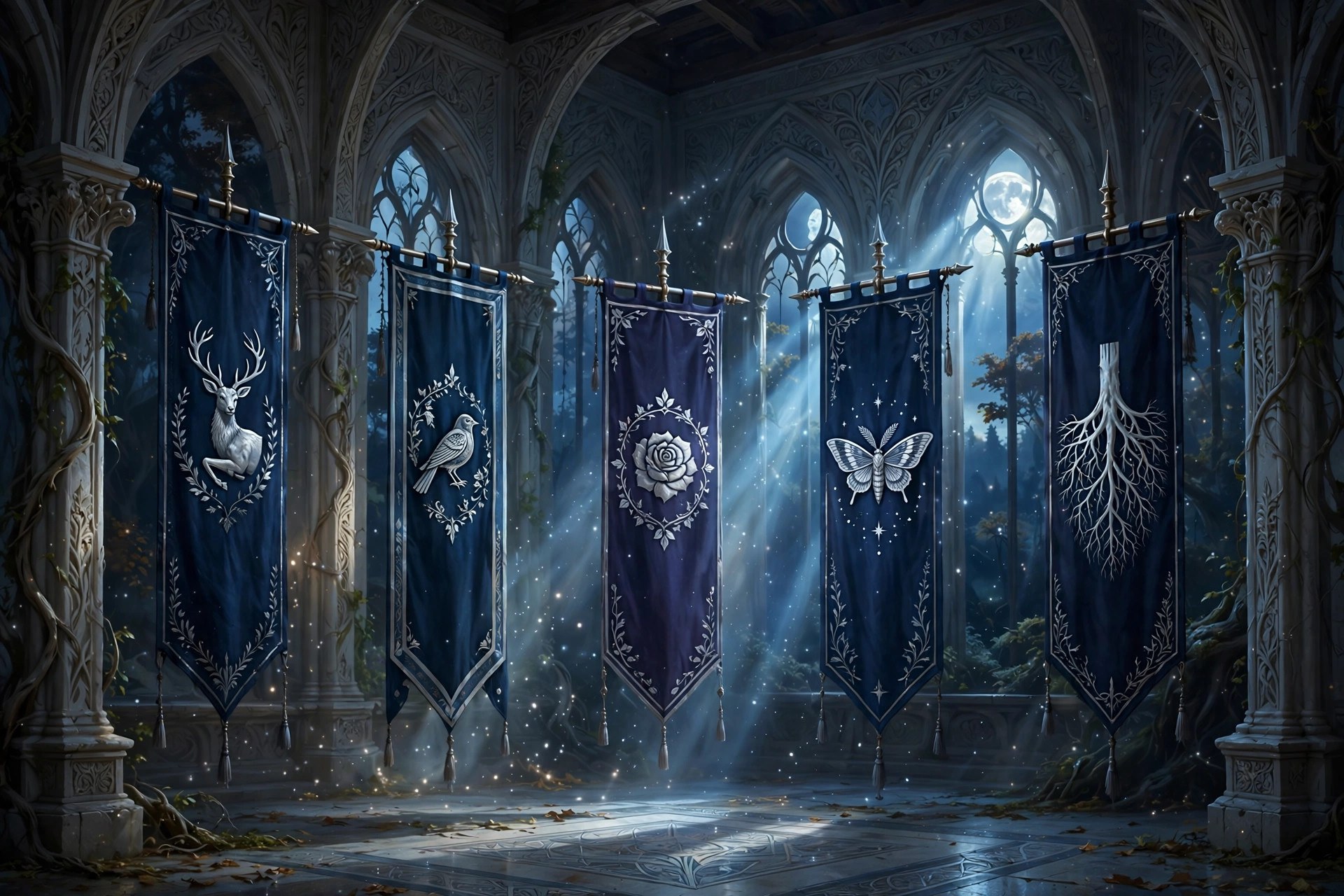 The five house banners of the school hanging in the great hall of moonlight