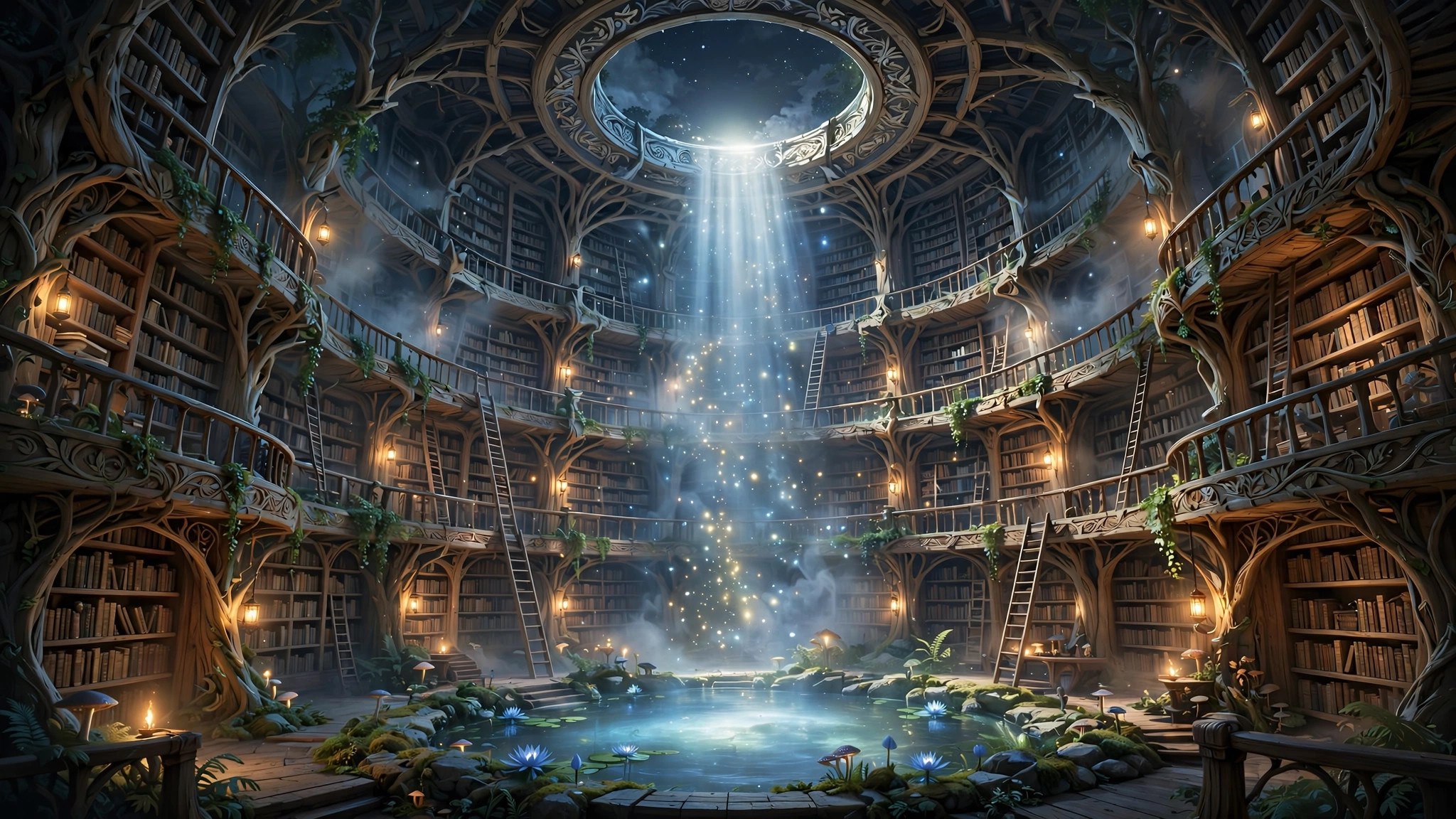 The moonwell library: a grand circular hall of books lit by a shaft of moonlight