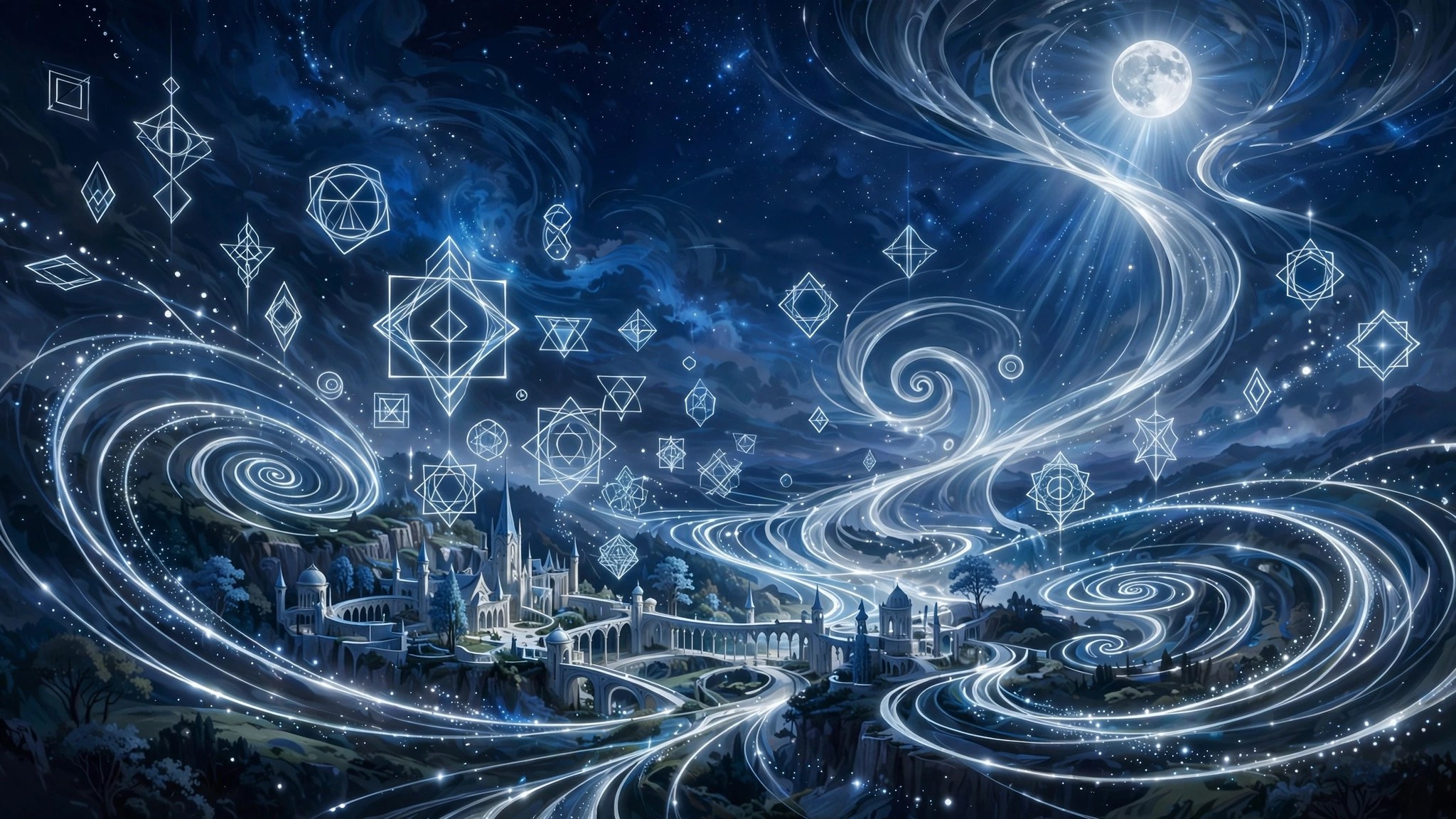 Ley lines and glowing runes spiraling over the school grounds