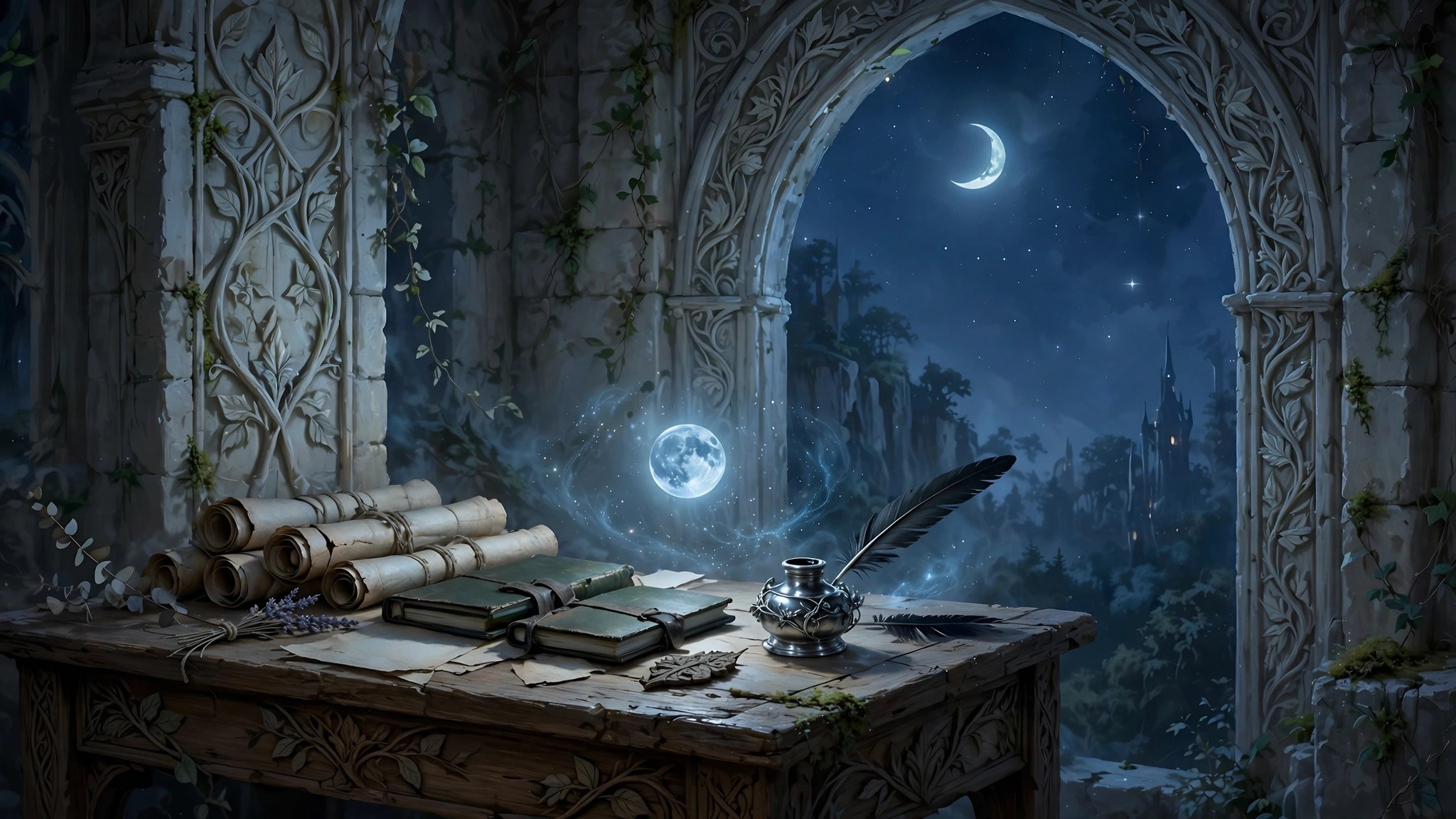 A scribe's desk with moonlit scrolls and silver ink