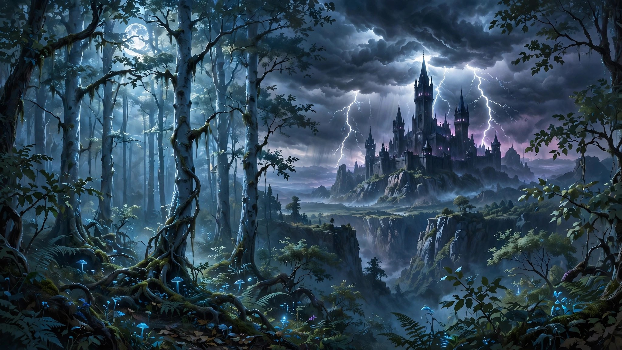 A rival school's towers under storm light on a distant crag