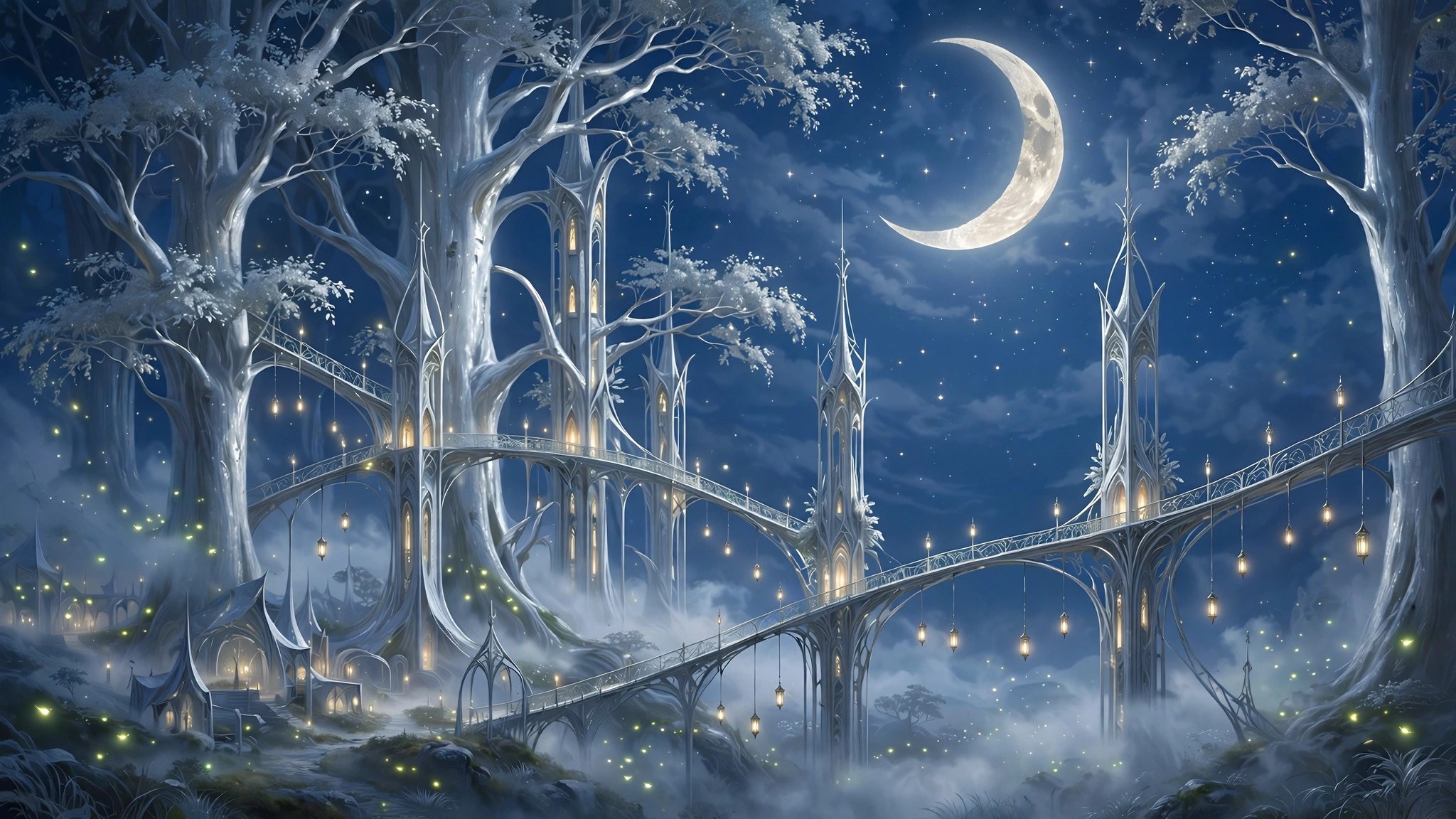 The elf school at night: silver spires and lantern-lit bridges rising among giant silver-barked trees under a crescent moon