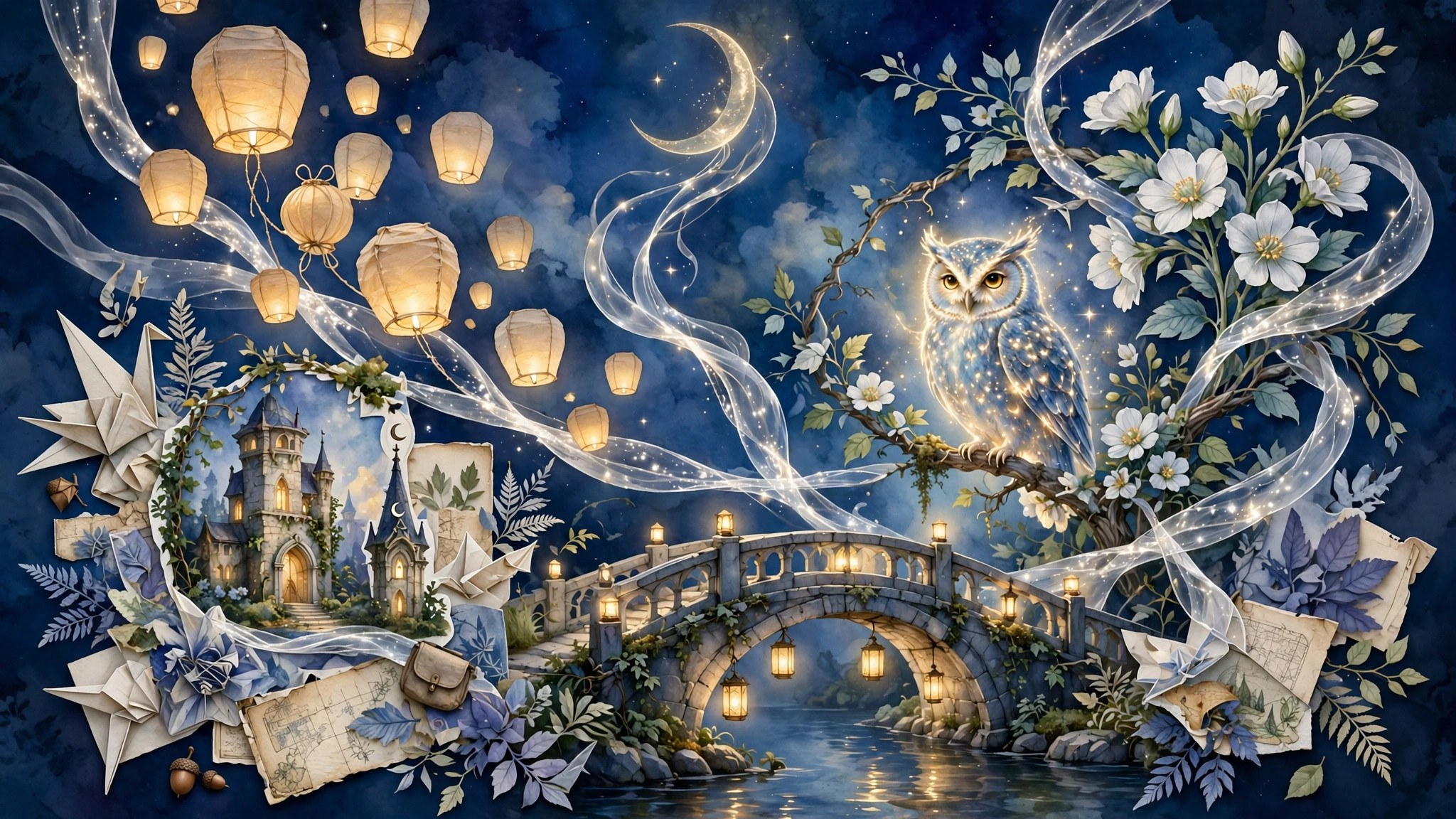 A collage-like arrangement of school moments: lanterns, bridges, owls, and moonlight
