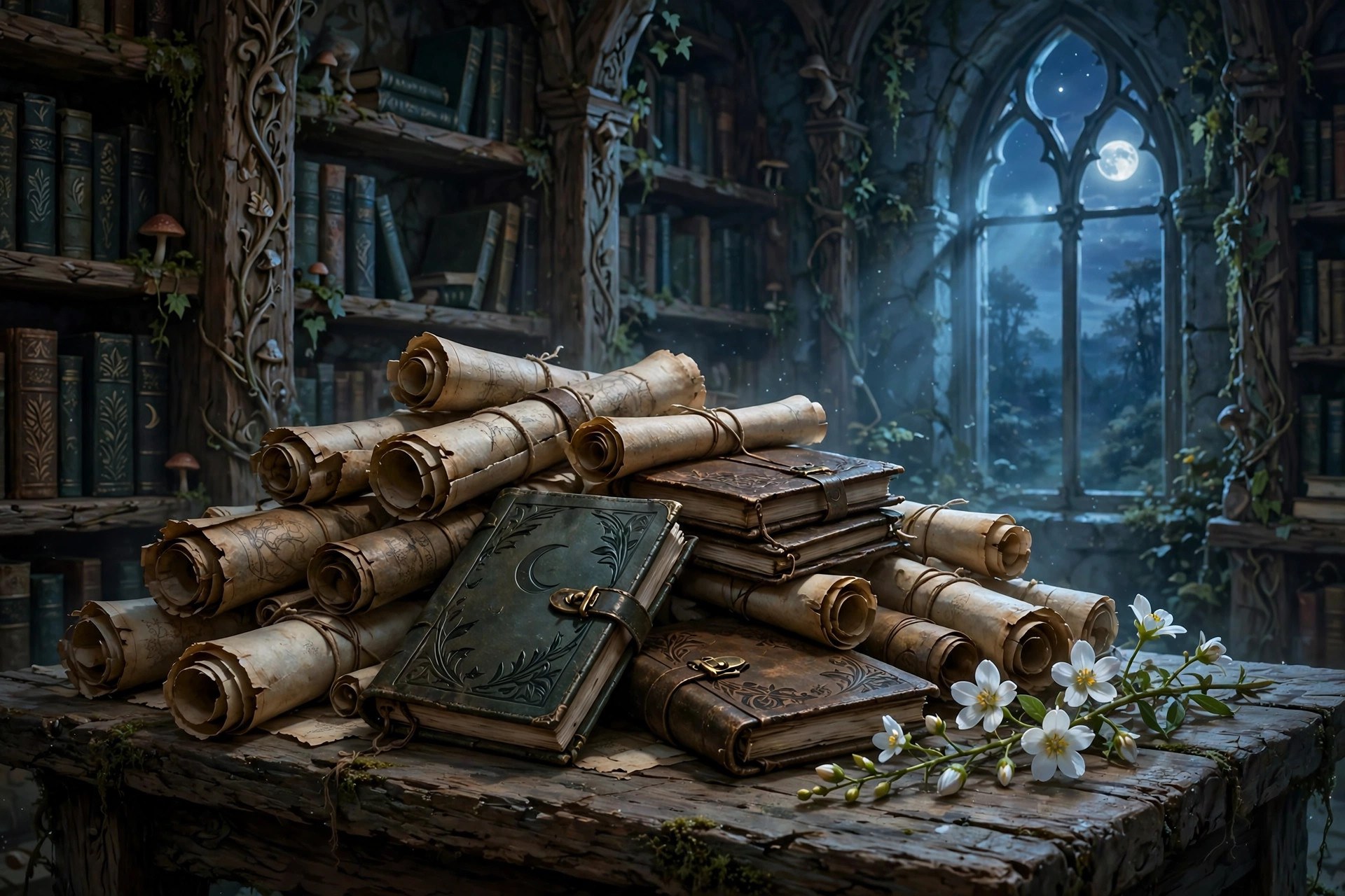 Scrolls and bound notebooks of world-building notes