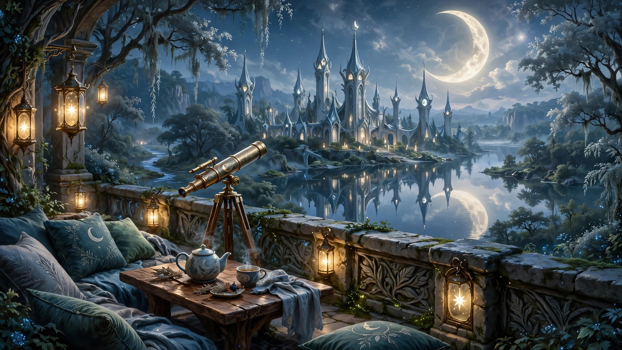 A moonlit stream overlook with the school's towers, art for the dramatized stream